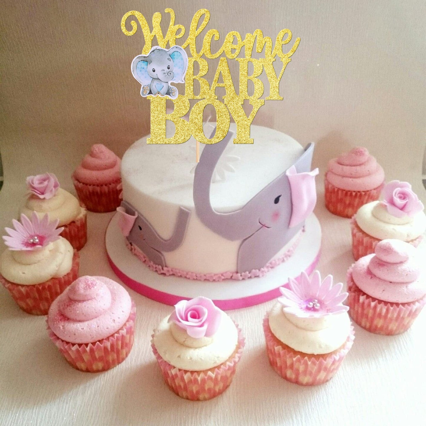 1 Pcs Welcome Baby Boy Cake Topper Glitter Baby Shower Elephant Cake Pick It'S A Boy Cake Decorations For New Born Gender Reveal