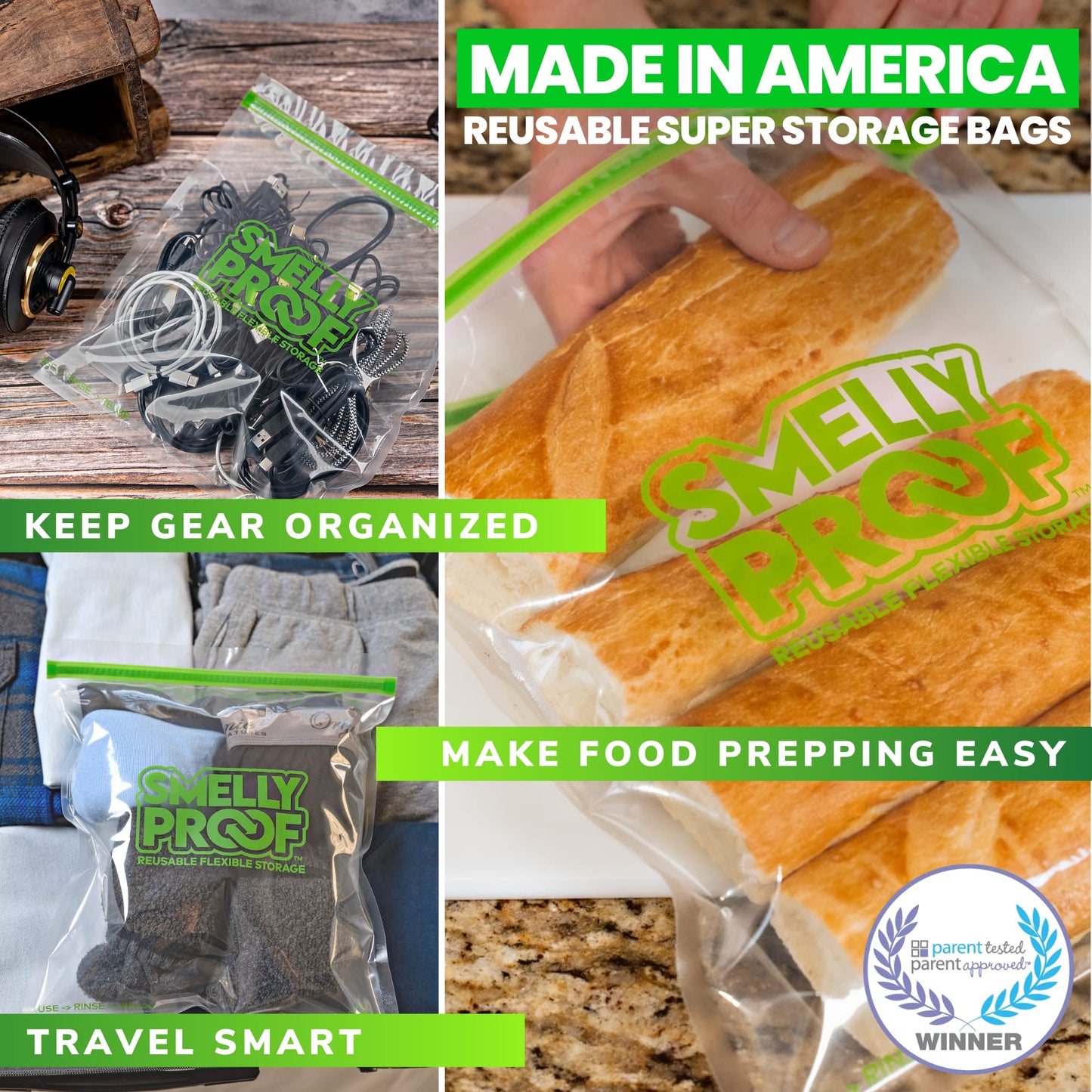 Reusable Storage Bags For Food By Smelly Proof Bags - Made In Usa, Easy Clean, Dishwasher-Safe, Peva & Bpa Free, Xl 3-Mil Thick