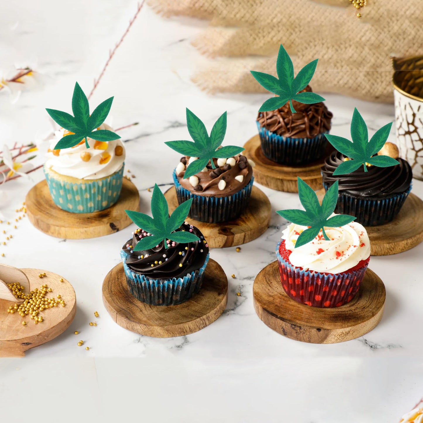 ZHUOWEISM 60 PCS Edible Cupcake Toppers Green Pot Leaf Design 6 for Birthday Party Supplies
