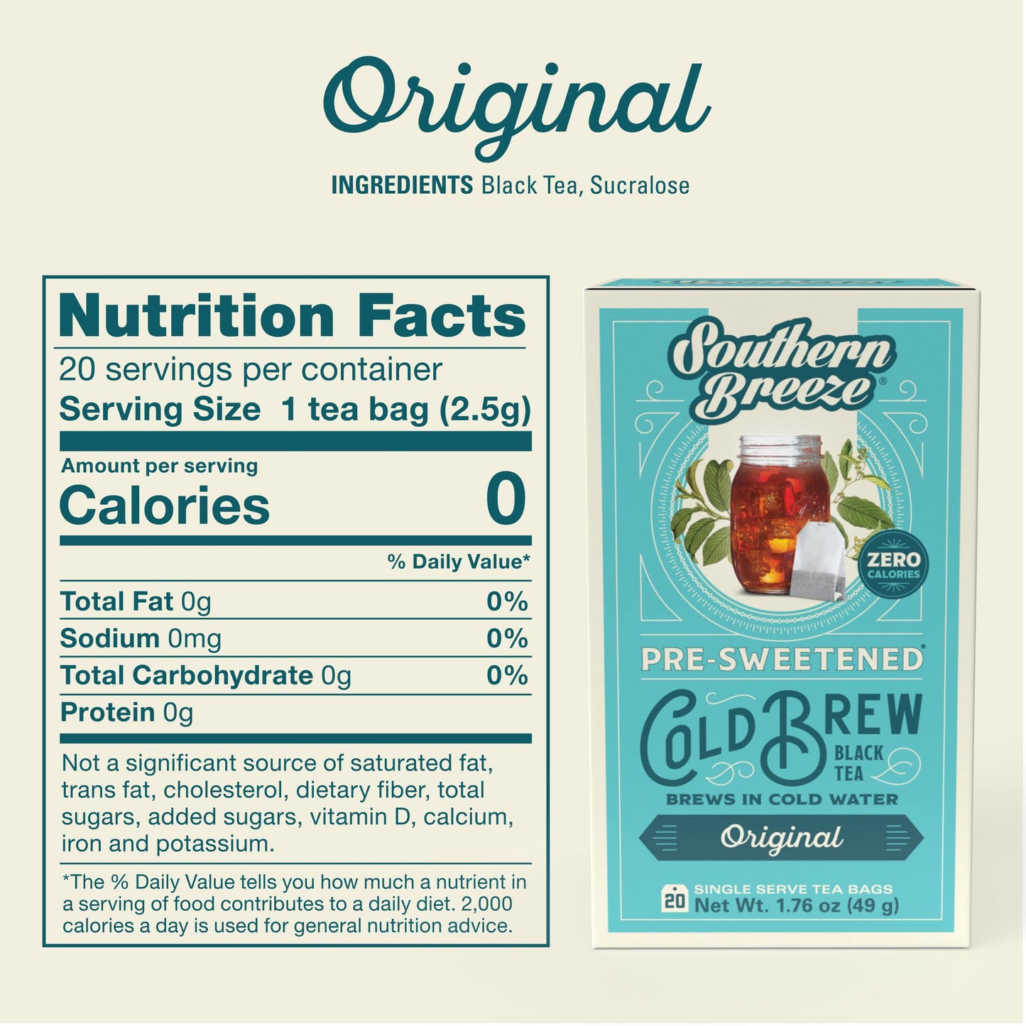 Southern Breeze Cold Brew Sweet Tea Original Iced Tea with Black Tea and Zero Carbs Zero Sugar, 20 Individually Wrapped Tea Bags