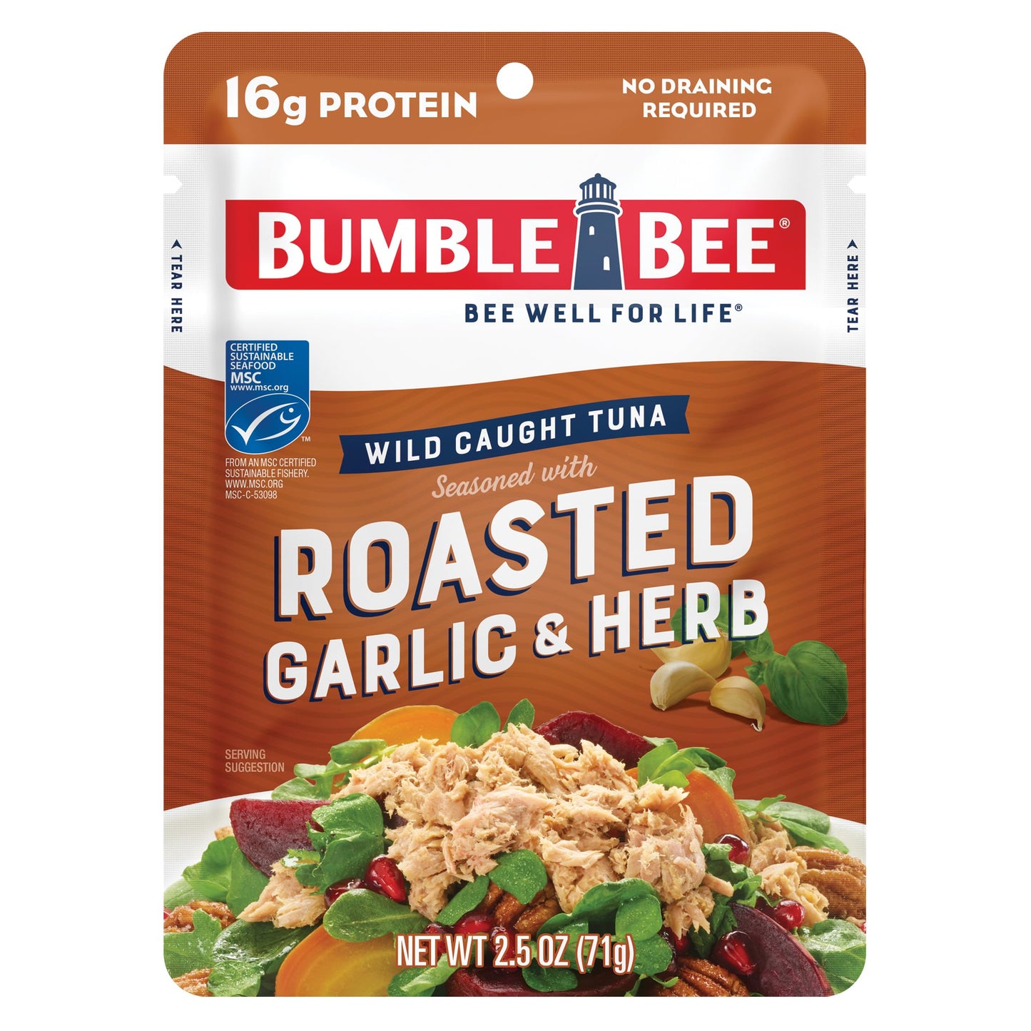 Bumble Bee Roasted Garlic & Herb Tuna Pouch - Ready to Eat - 2.5 oz - 16g Protein - Gluten Free - Wild Caught