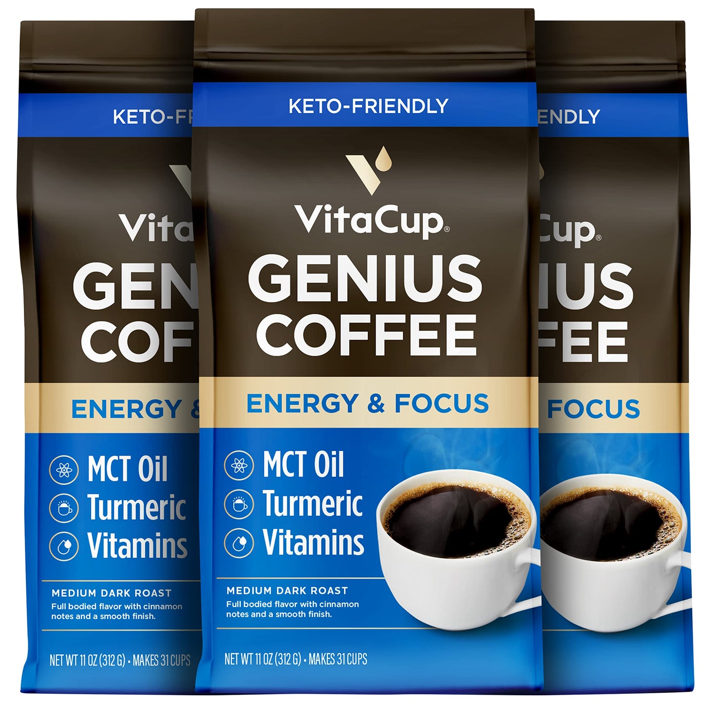 VitaCup Genius Ground Keto Coffee, Medium Dark Roast, 3 Bags, 11oz Each, 100% Arabica, with Turmeric and MCT Oil