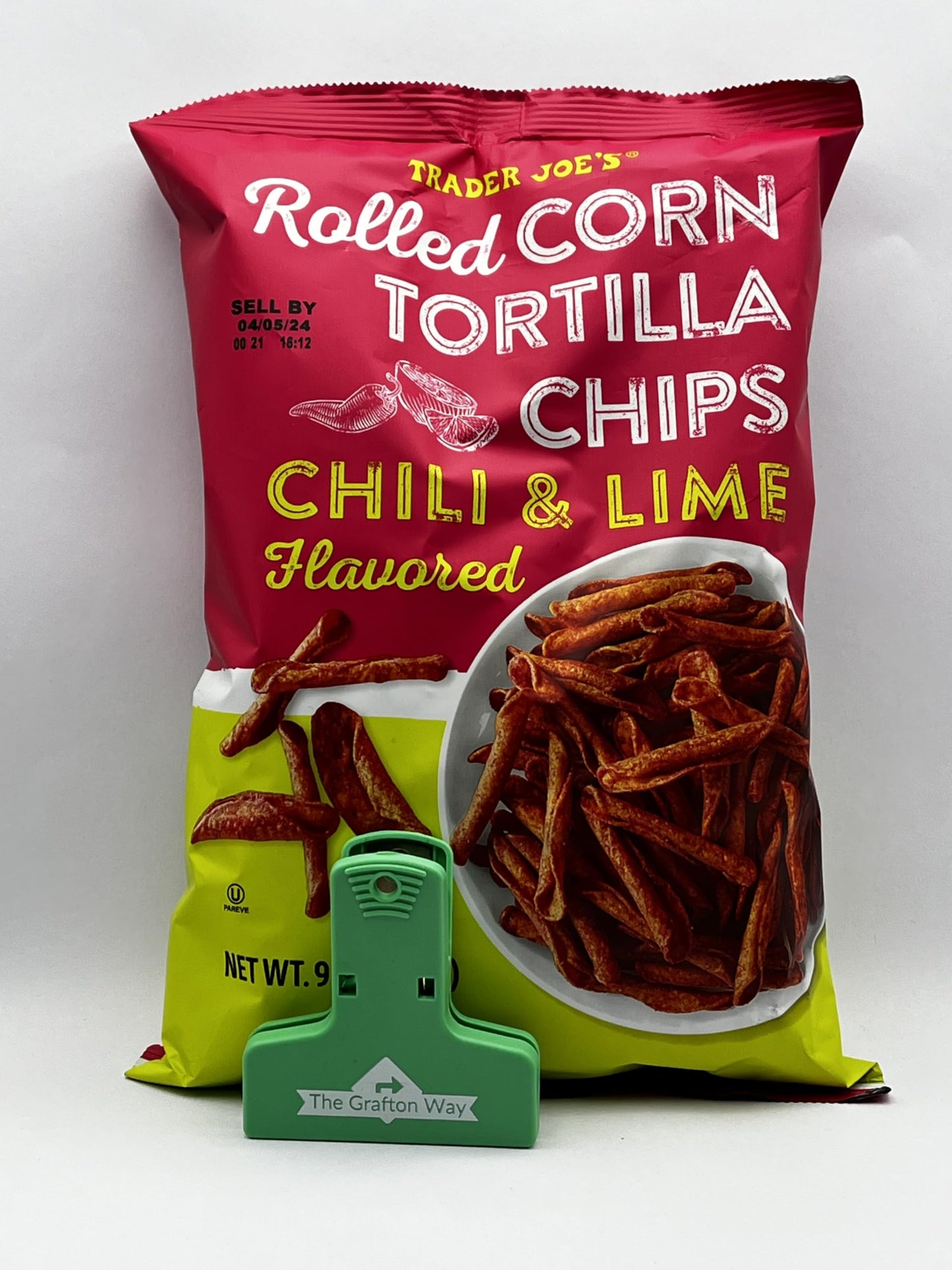 Trader Joe's Rolled Corn Tortilla Chips Chili & Lime Flavored with Grafton Way Chip Clip (1 Pack)