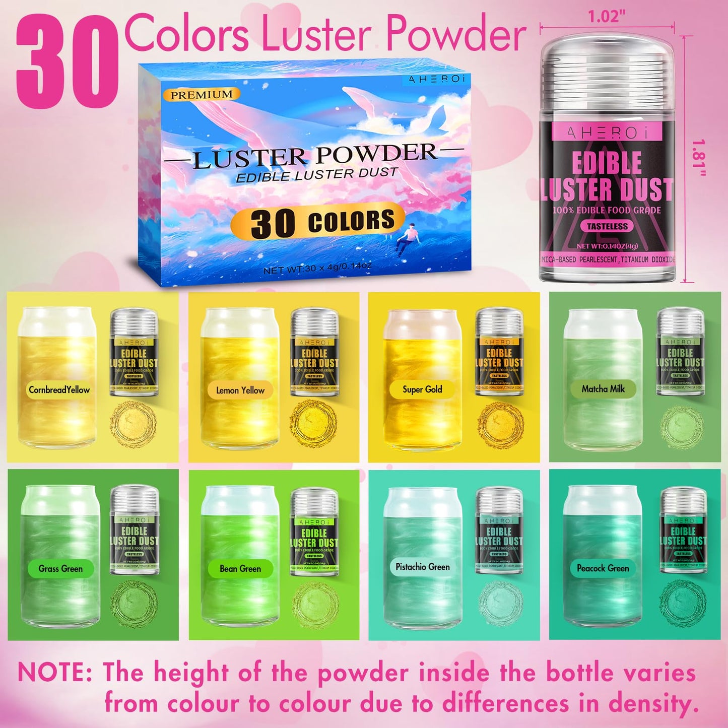 Aheroi Edible Glitter Pack, 30 Colors Luster Dust for Food & Drinks, 4g Each, Multicolor