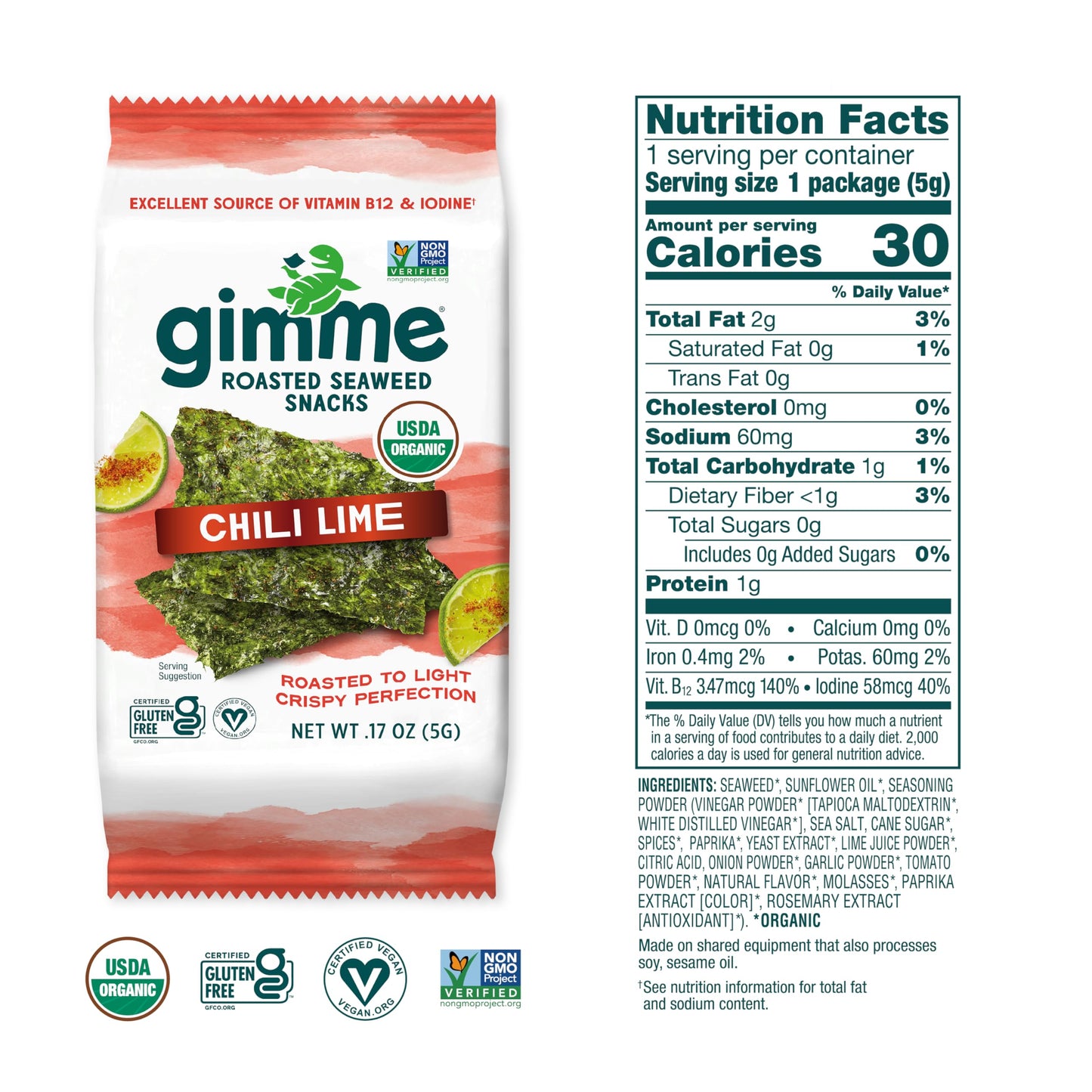 gimMe Organic Roasted Sea  Snacks, Chili Lime, 20 Count, Keto, Vegan, Gluten-Free, Healthy Snack
