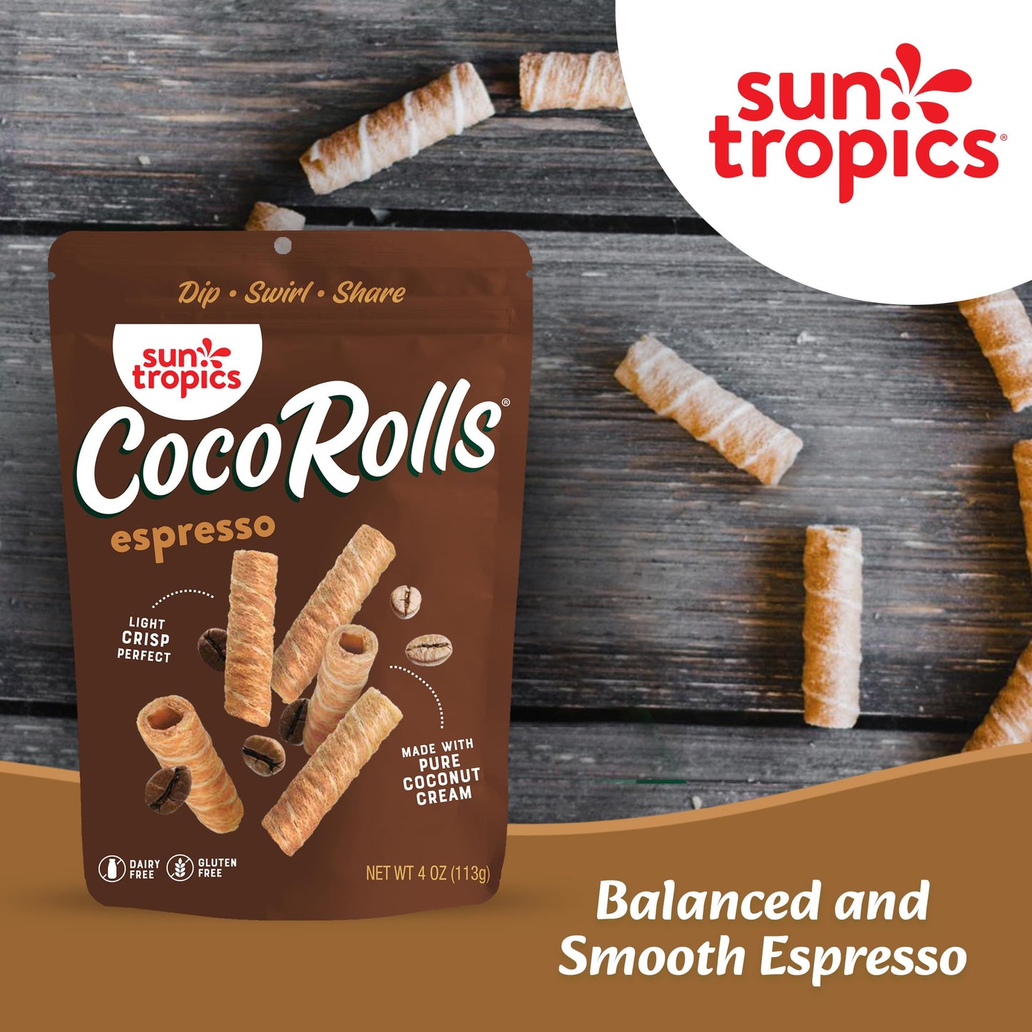 Sun Tropics Cocorolls Espresso, Gluten Free, Dairy Free, Snack-Crisp Rolled Wafer Made With Pure Coconut Cream, 6 Count