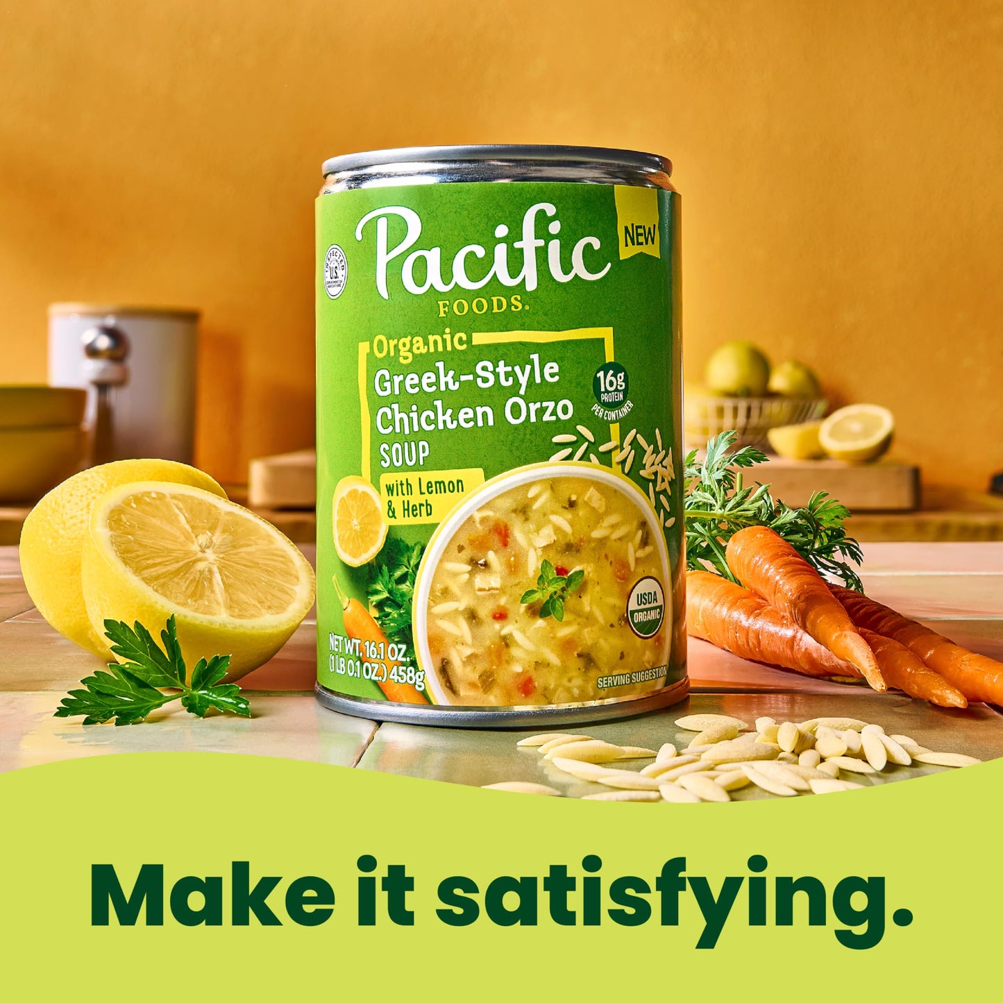 Pacific Foods Organic Greek-Style Chicken Orzo Soup With Lemon and Herb, 16.1 oz Can (12 Pack)