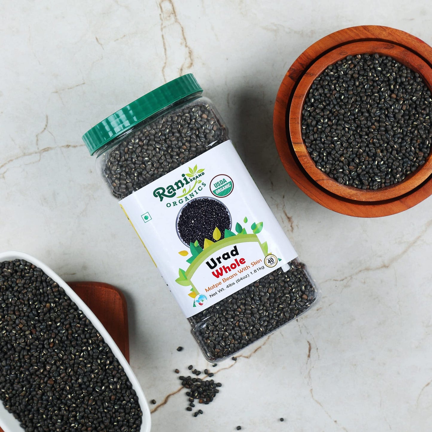 Rani Organic Urid/Urad Whole Black (Matpe Beans With Skin) Indian Lentils 64Oz (4Lbs) 1.81Kg Bulk Pet Jar ~ All Natural | Vegan