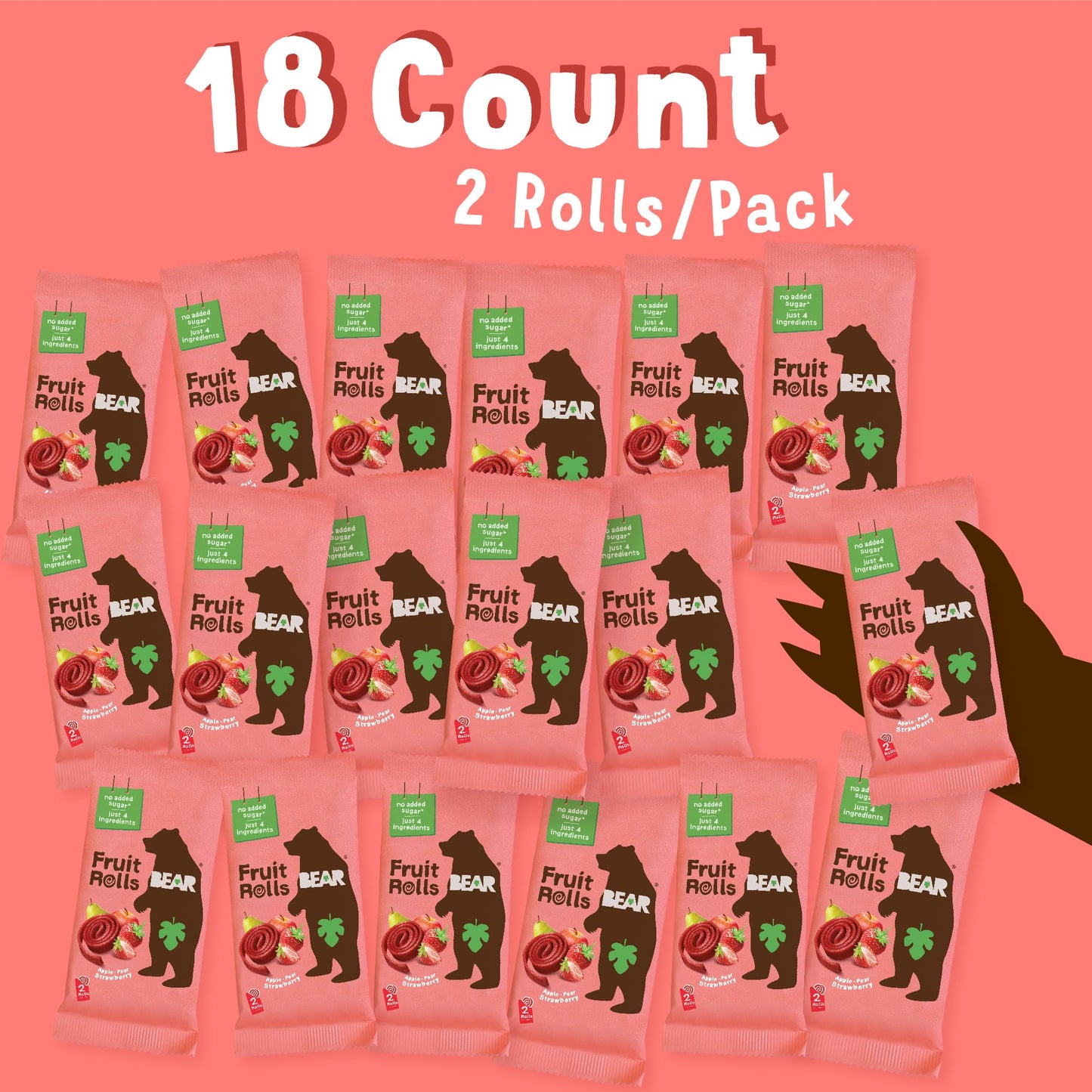 BEAR Real Fruit Snack Rolls - Gluten Free, Vegan, and Non-GMO - Strawberry - 36 Rolls, Healthy School And Lunch Snacks For Kids