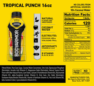 Bodyarmor Sports Drink Sports Beverage, Tropical Punch, Coconut Water Hydration, Natural Flavors With Vitamins, Potassium-Packed Electrolytes, Perfect For Athletes, 16 Fl Oz (Pack Of 12)
