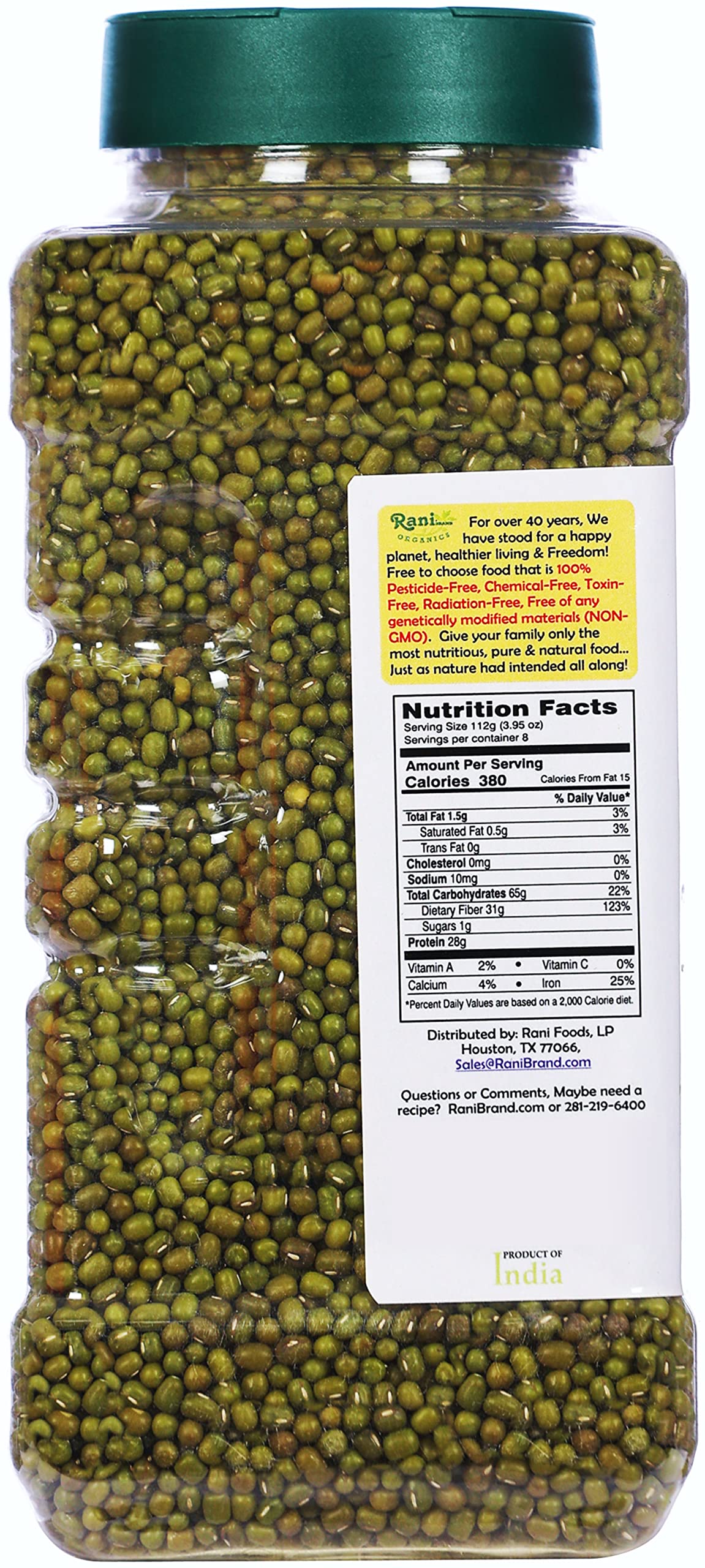 Rani Organic Moong Whole (Whole Mung Beans With Skin) Indian Lentils 32Oz (2Lbs) 908G Pet Jar ~ All Natural | Vegan | Gluten Fri