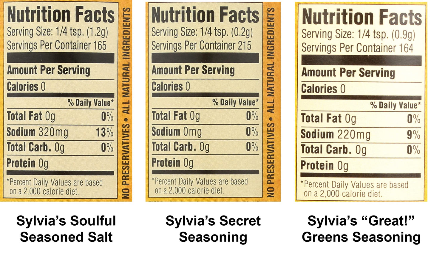 Sylvia's Seasoning Variety Pack - 3 The Sylvias Way! (Great! Greens Seasoning 5.25oz, Soulful Seasoned Salt 7oz, Secret Seasonin