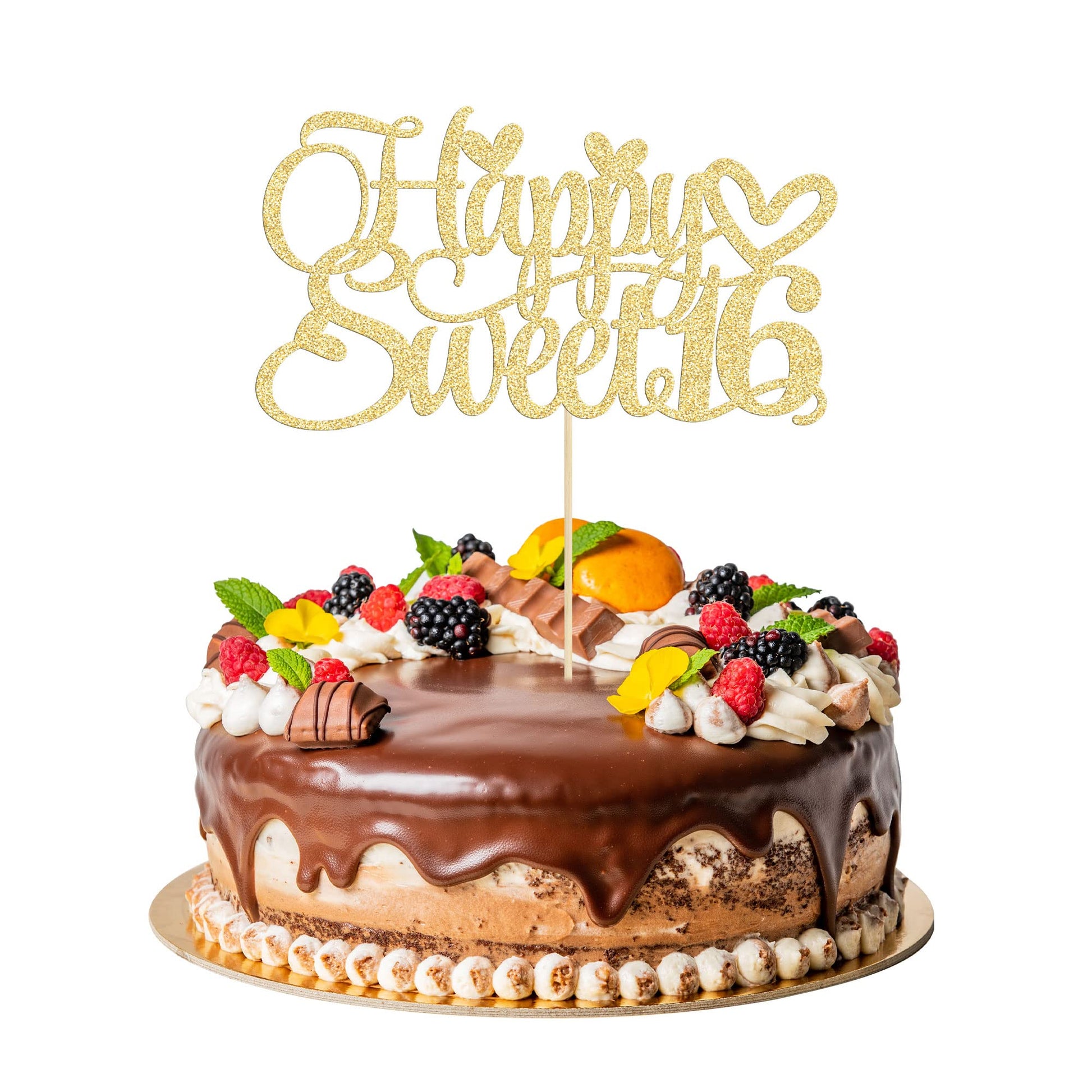 Ephlyn Happy Sweet 16 Cake Topper, Glitter 16th Birthday Cake Decoration, Gold, Paper
