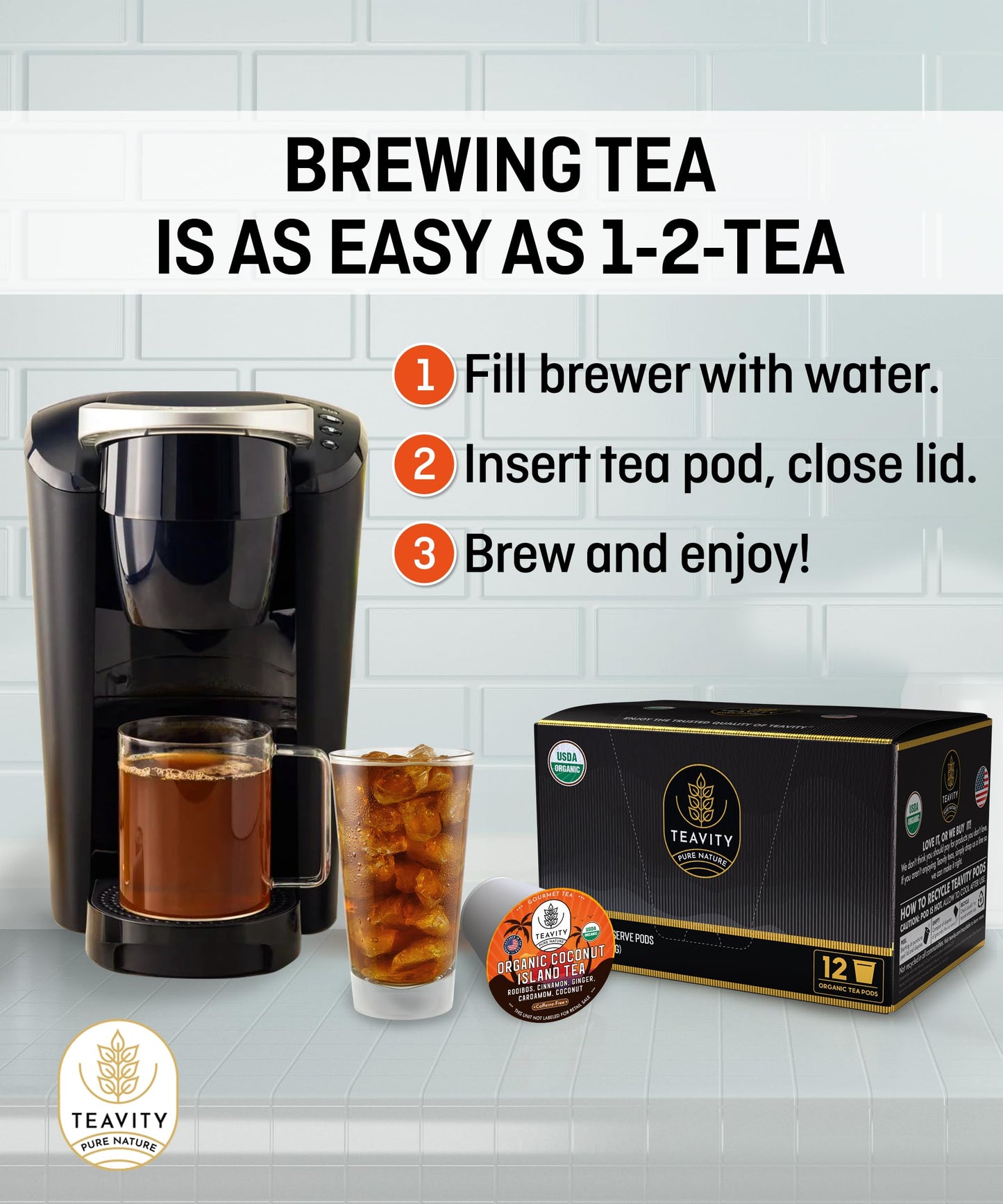Teavity Organic Coconut Island Tea Pods, Recyclable Single-Serve, Compatible with Keurig 2.0, 36 Count