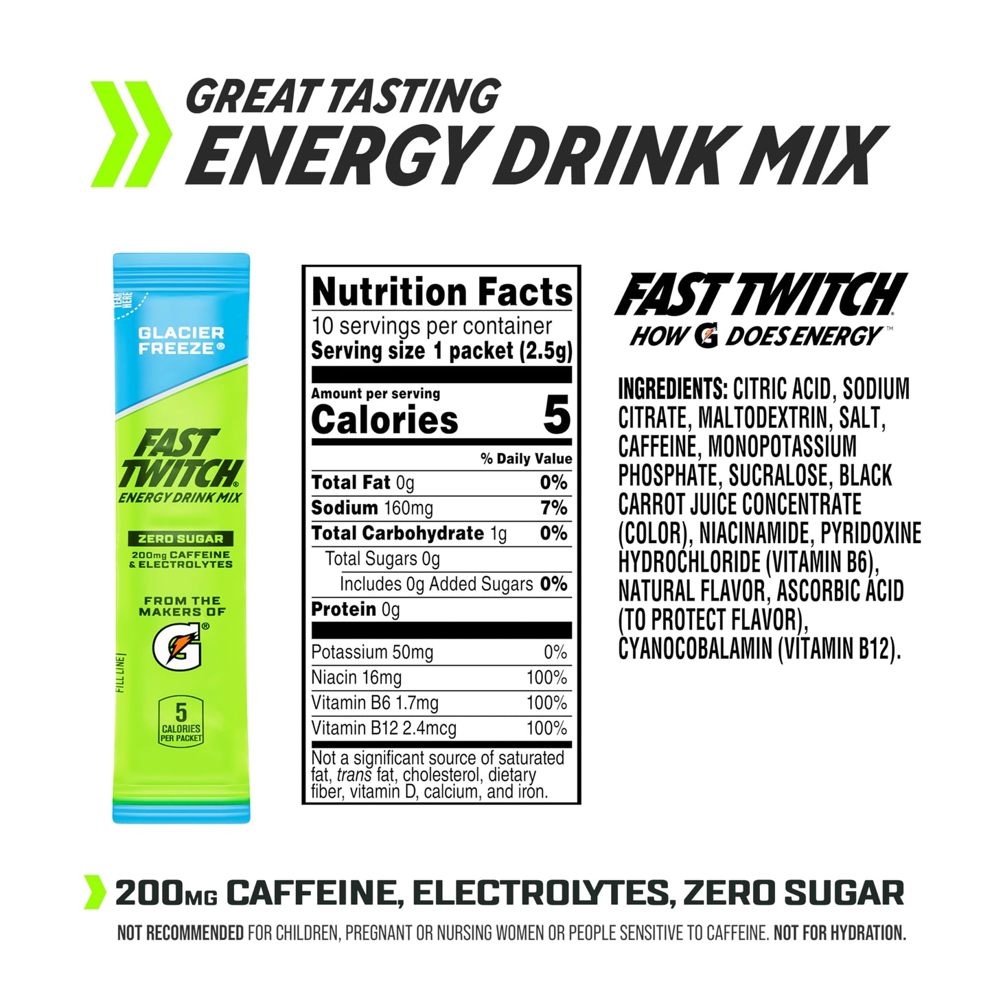 Fast Twitch Energy Drink Mix from Gatorade Powder Sticks  Glacier Freeze  0.08oz Individual Packets 10 Pack  Zero Sugar  Caffeine  Electrolytes