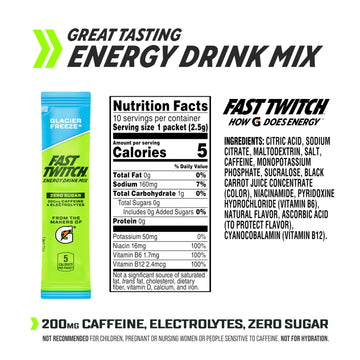 Fast Twitch Energy Drink Mix from Gatorade Powder Sticks  Glacier Freeze  0.08oz Individual Packets 10 Pack  Zero Sugar  Caffeine  Electrolytes