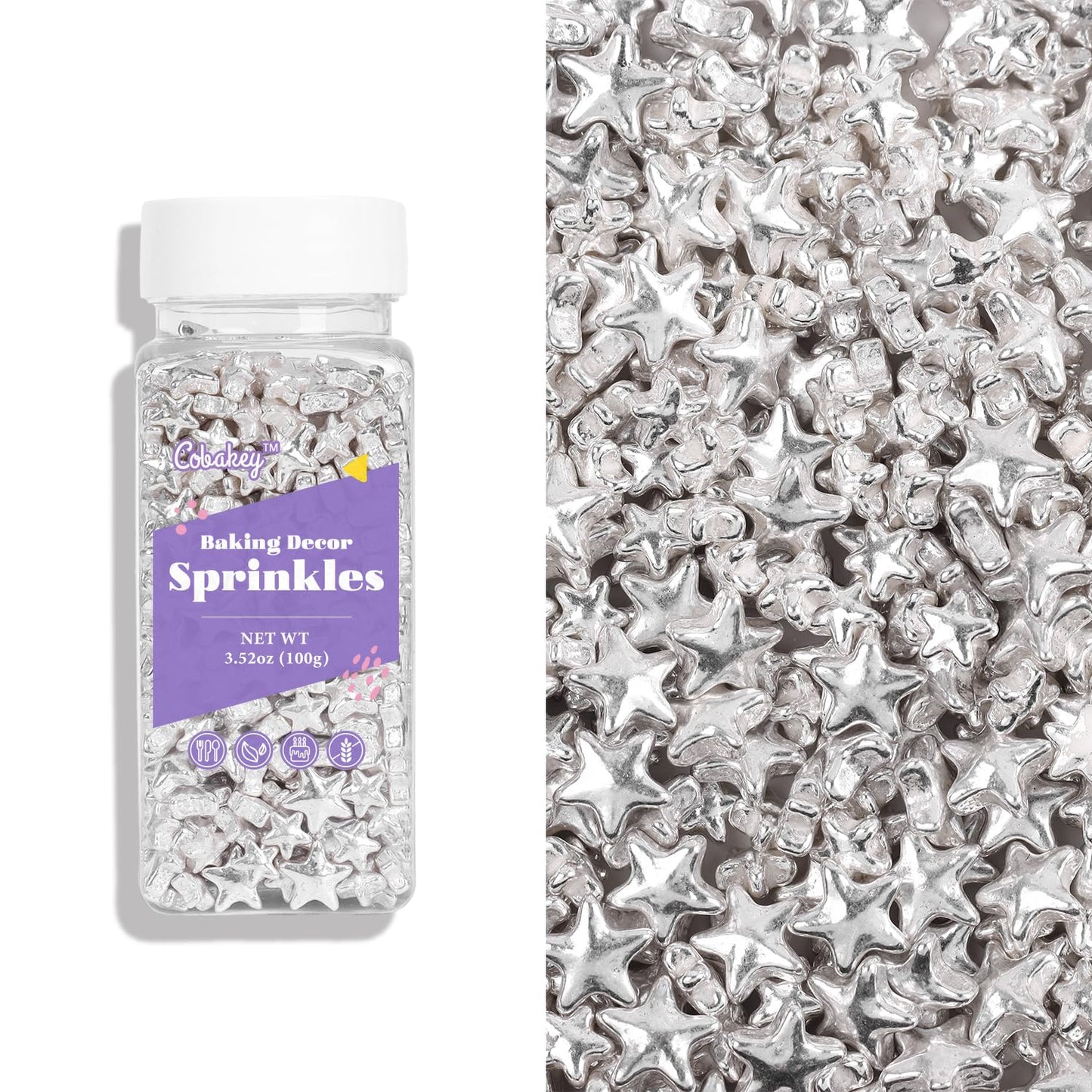 Cobakey Bright Silver Sprinkles For Cake Decorations 100G/ 3.52Oz Star Metallic Pearl Sugar Sprinkles For Cupcake Toppers Weddin