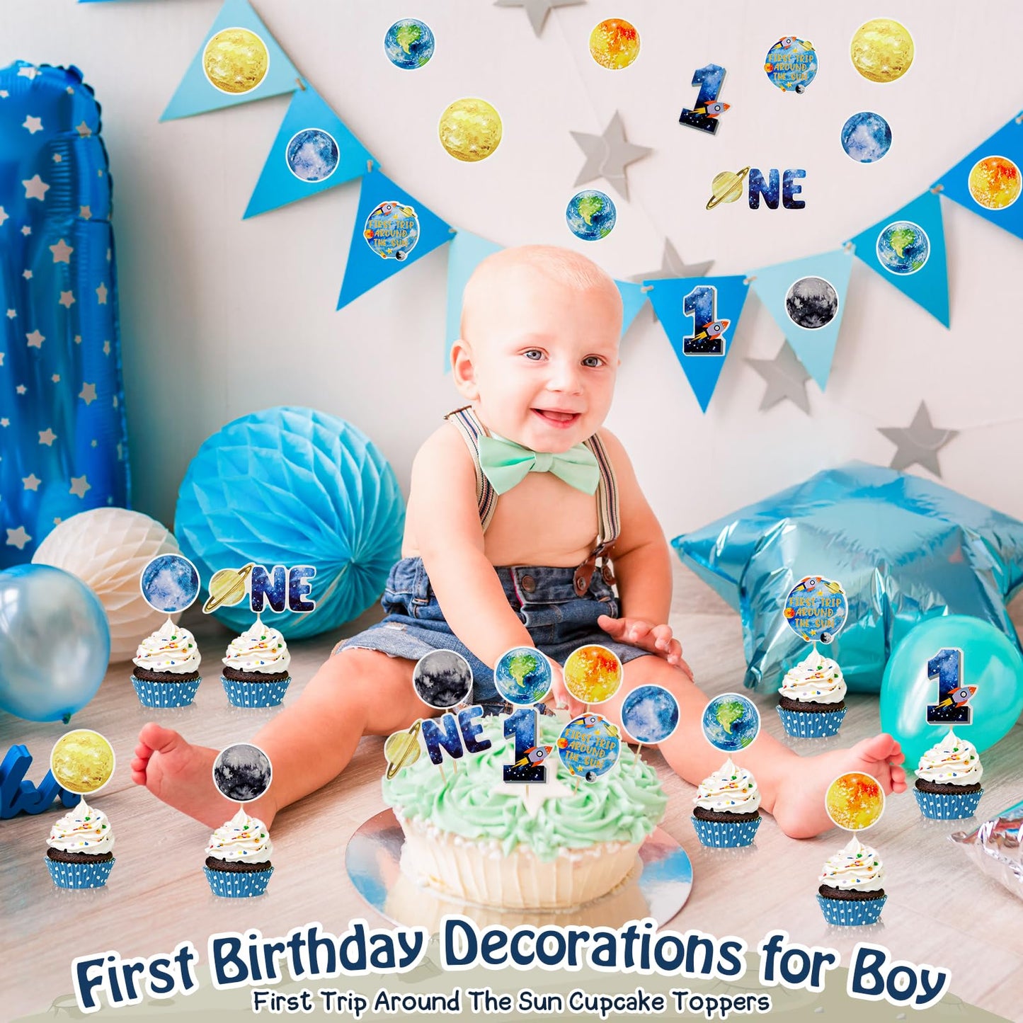 Weecnet 48Pcs First Trip Around The Sun Cake Topper 1St Birthday Party Decorations Space Cupcake Toppers Planets Solar System Th