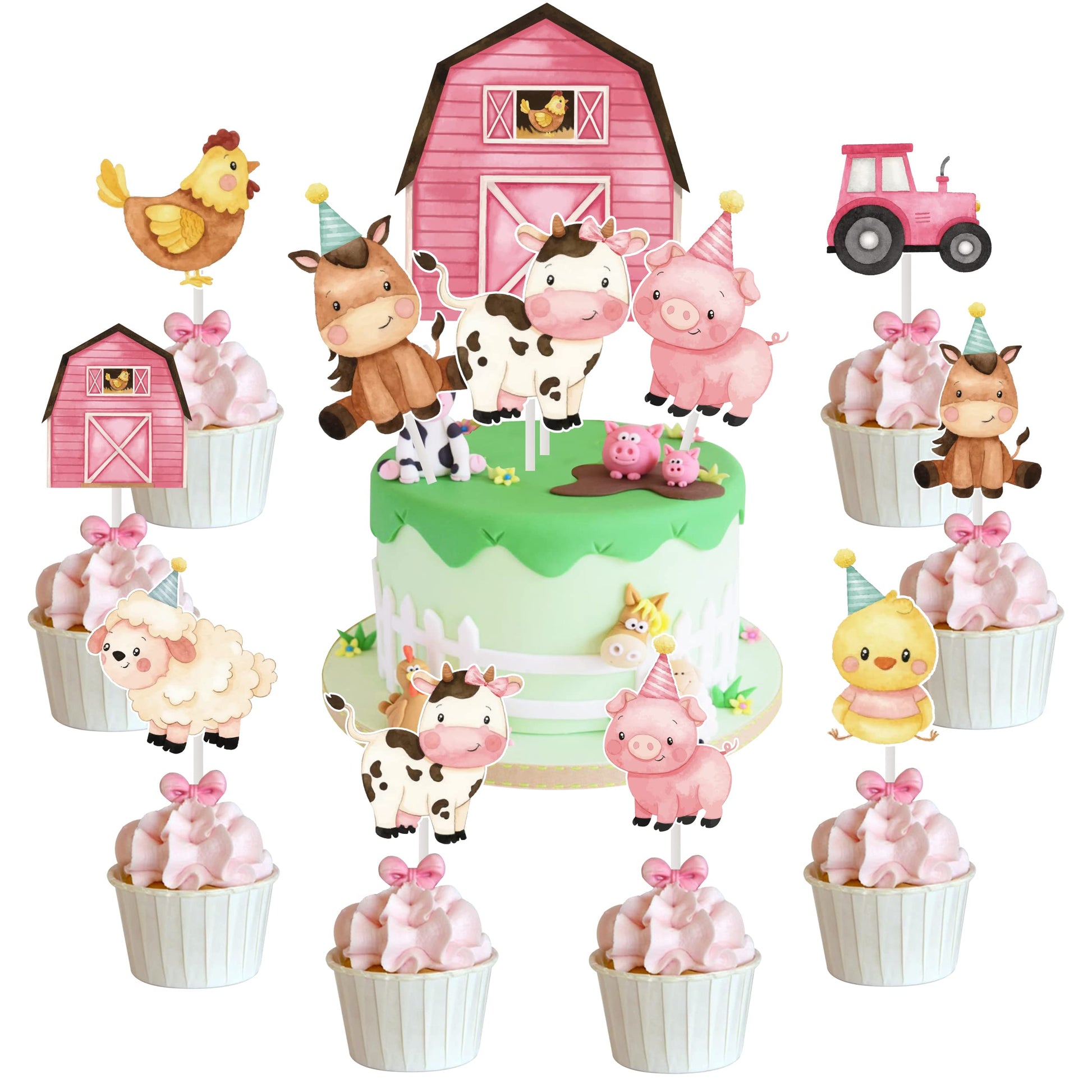 Pink Farm Animal Cake Decoration Farm Animal Cake Topper For Girls Farm Animal Theme Birthday Party Cupcake Topper Cow Cake Deco