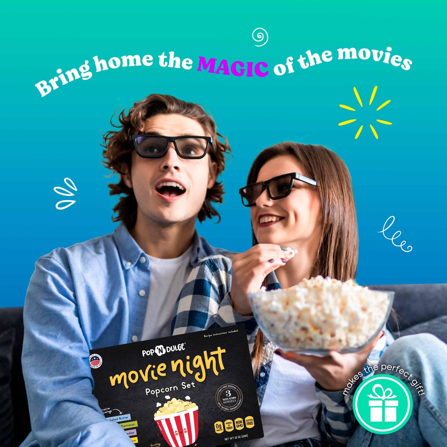 Pop n  Dulge Popcorn Movie Night Supplies 16 pcs Gift Set, 5 Gourmet Popcorn Kernels, 5 Seasoning Variety Packs Non-GMO Kosher