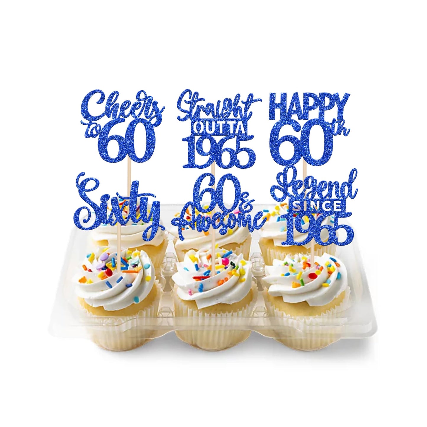 ZHUOWEISM 24PCS Cupcake Toppers, Blue Paper Decorations for 60th Birthday Party, Cheers to 1965