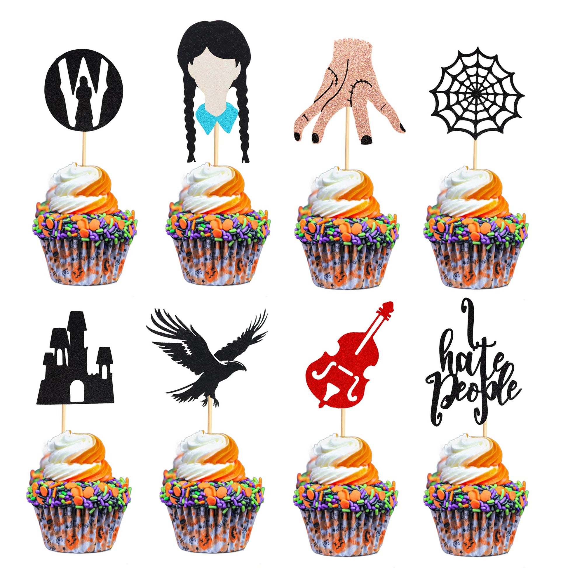 Arthsdite Cupcake Toppers 24Pcs Set, Black Eagle & Cobweb Design, Cardboard, Small, Wednesday Addams Theme
