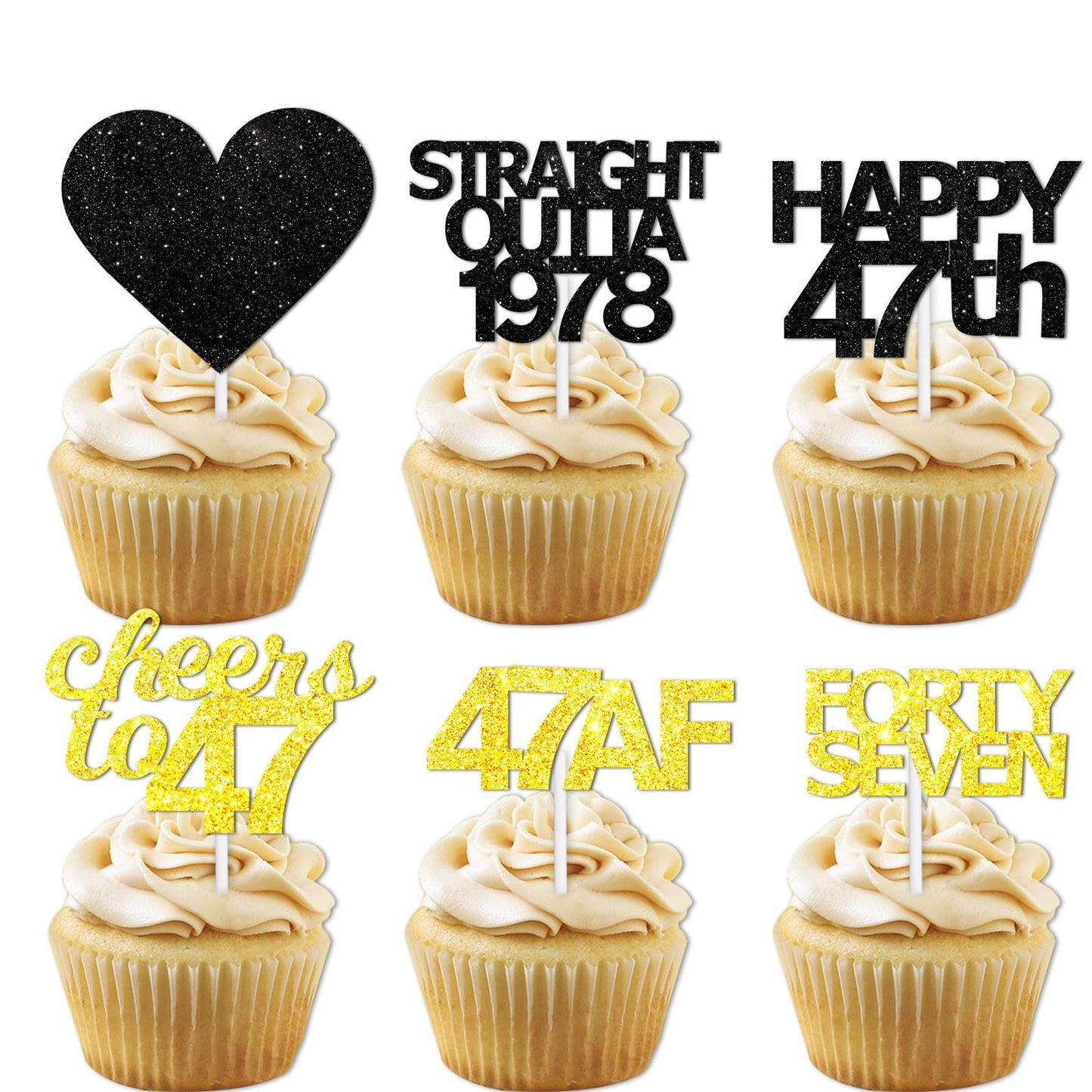 18pcs Black Gold Glitter Dessert Cupcake Pick for Straight Outta 1978 Cheer to 47 Years Old Theme Decor Supplies Happy 47th Birt