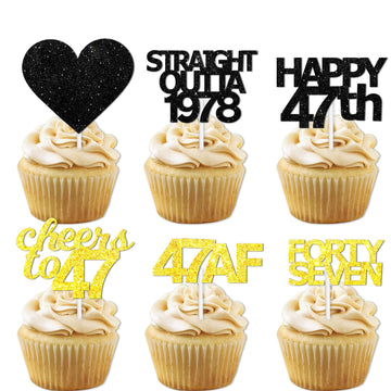 18pcs Black Gold Glitter Dessert Cupcake Pick for Straight Outta 1978 Cheer to 47 Years Old Theme Decor Supplies Happy 47th Birt