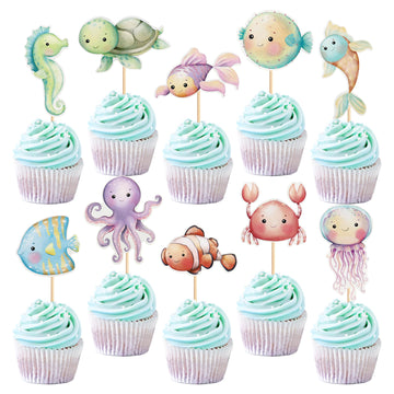Ercadio 20Pcs Ocean Animal Cupcake Toppers Under The Sea Turtles Octopus Cupcake Picks Seahorse Coral Cake Decorations For Under