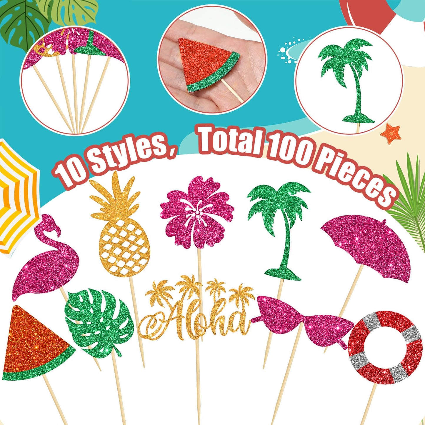 Epakh Summer Beach Cupcake Toppers, 100 Pcs Hawaiian Theme Cake Picks, Paper/Bamboo, 20.5 x 14.5 x 3.5 cm, Vibrant Summer