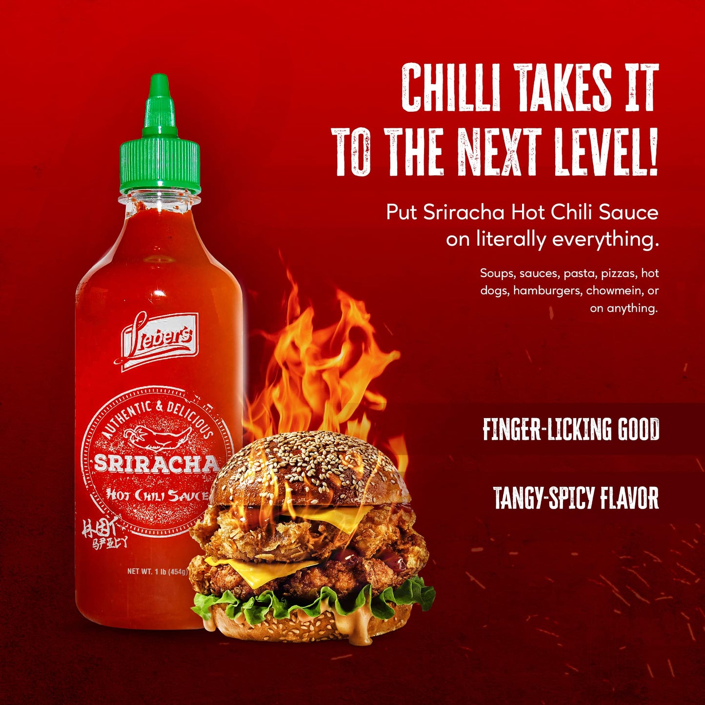 Lieber's Sriracha Hot Chili Sauce, Authentic And Delicious, Non-GMO, No MSG, Gluten-free, Cholesterol-free, and Vegan, NET WT. 1