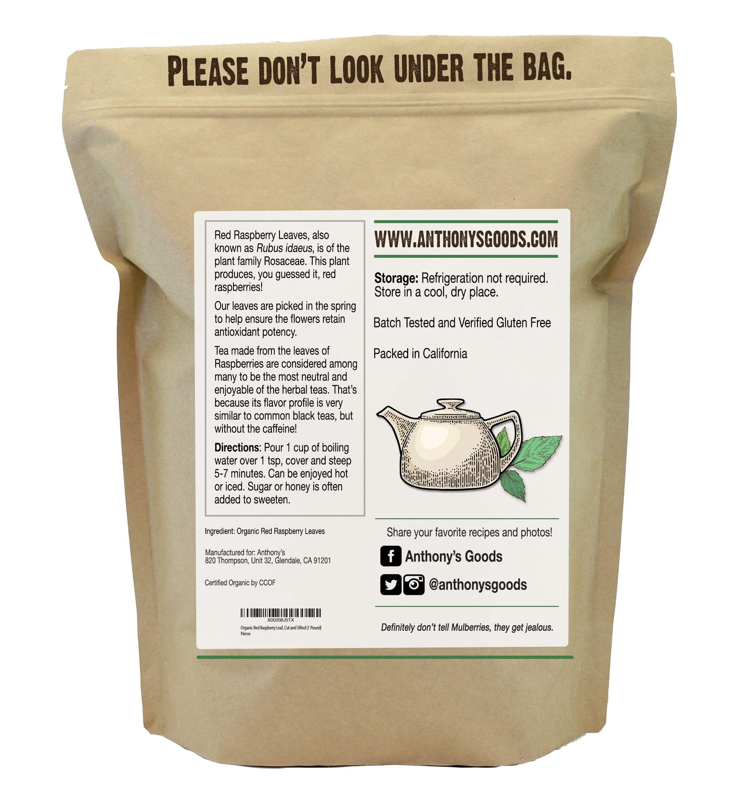 Anthony'S Organic Red Raspberry Leaves, 1 Lb, Cut & Sifted, Gluten Free, Non Gmo, Non Irradiated, Keto Friendly