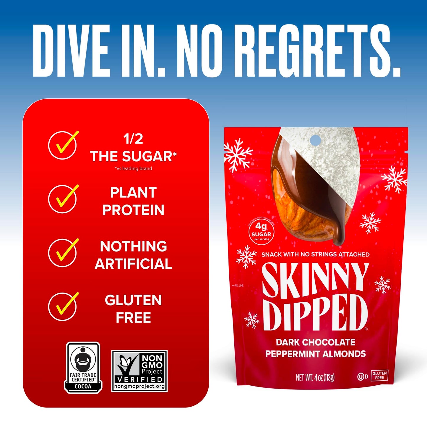 SkinnyDipped Dark Chocolate Peppermint Almonds, Healthy Snack, Plant Protein, Gluten Free, 3.5 oz Resealable Bags, Pack of 5