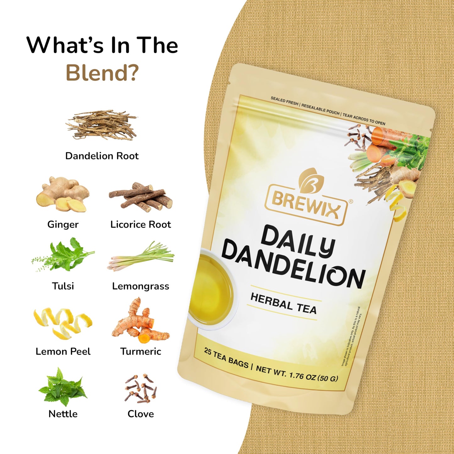 BREWIX Dandelion Root Detox Tea - Caffeine-Free Herbal Blend with Ginger, Tulsi & Turmeric, 25 Pyramid Tea Bags
