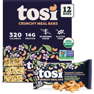Tosi Meal Bars - Toasted Cashew, Crunchy Nut & Seed Vegan Snack Bars, 14g Plant Based Protein, Organic, Dairy, Soy & Gluten Free