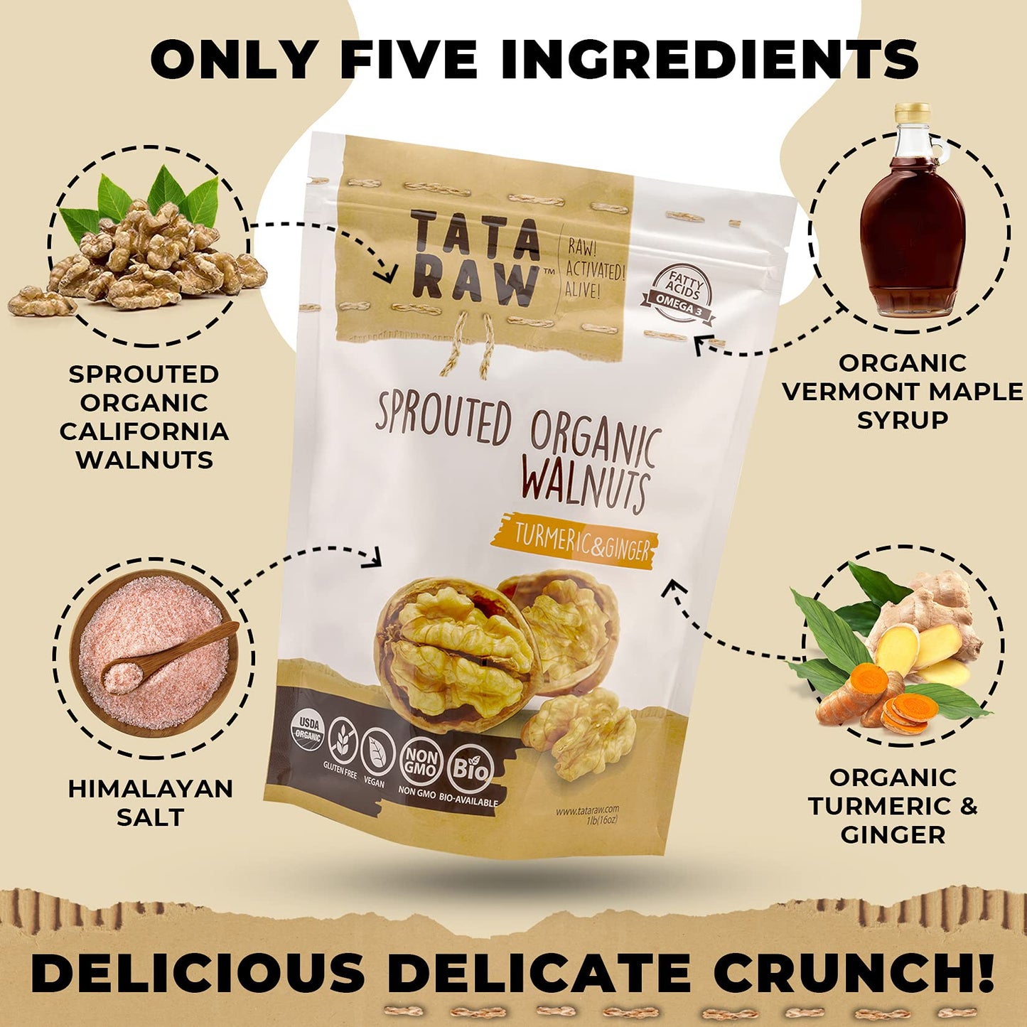 Tata Raw - Organic Sprouted Maple Walnuts - Turmeric, Ginger - 1 Lb