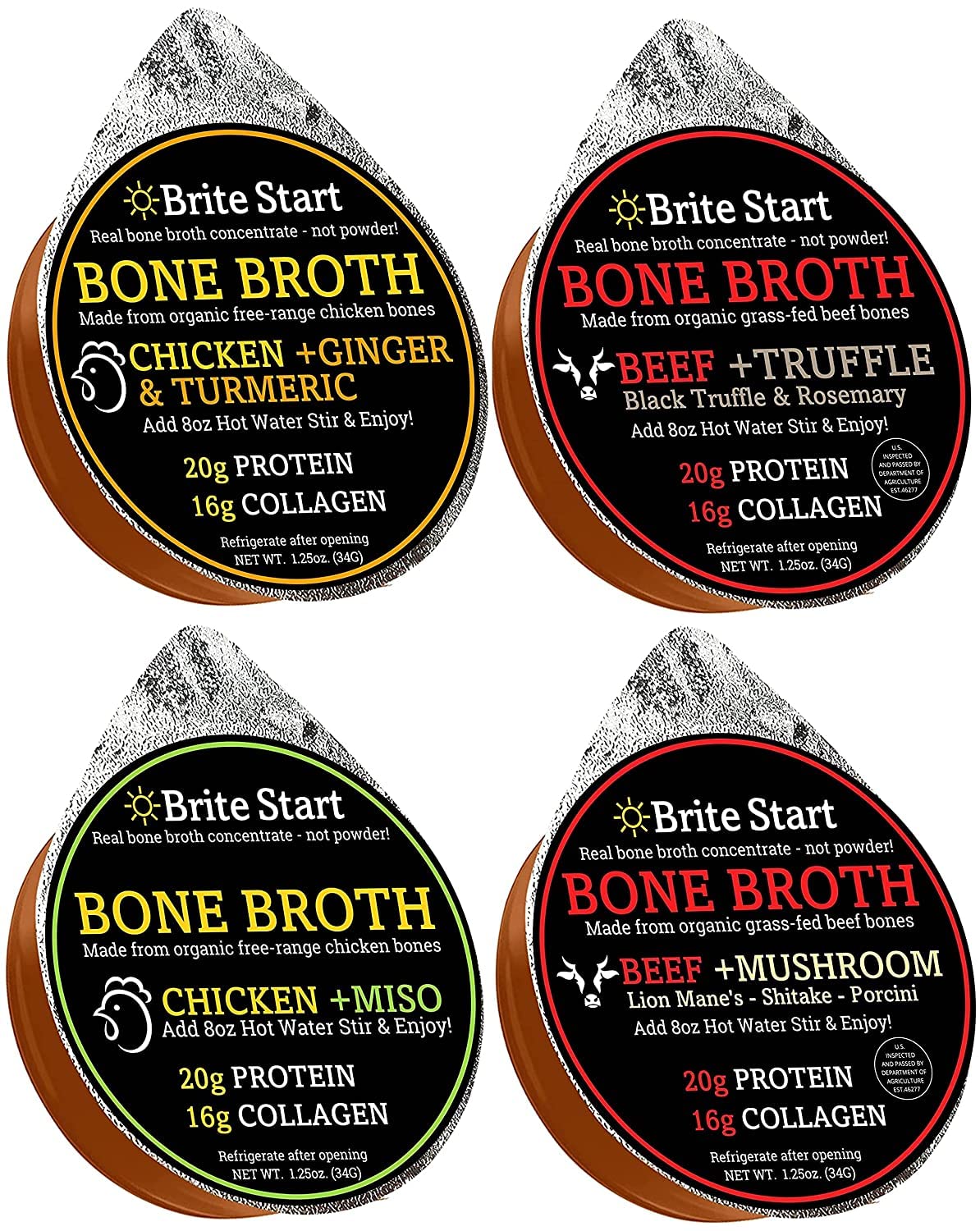 Brite Start Bone Broth - Variety Pack - 12 Count - Keto Friendly Concentrate With 16G Collagen  20G Paleo Protein - Made From Free Range Chicken Bones & Grass Fed Beef - Single Serve Packets