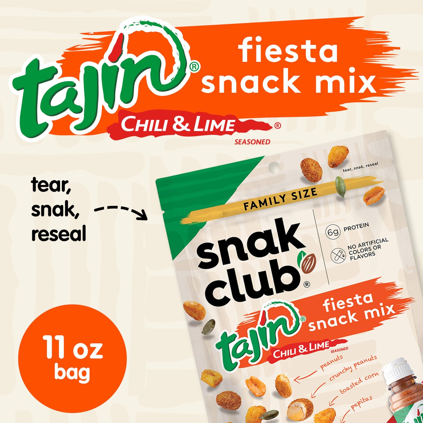 Snak Club Tajin Fiesta Snack Mix, Peanuts & Corn, Mild Chili Lime, 11 oz Resealable Bag