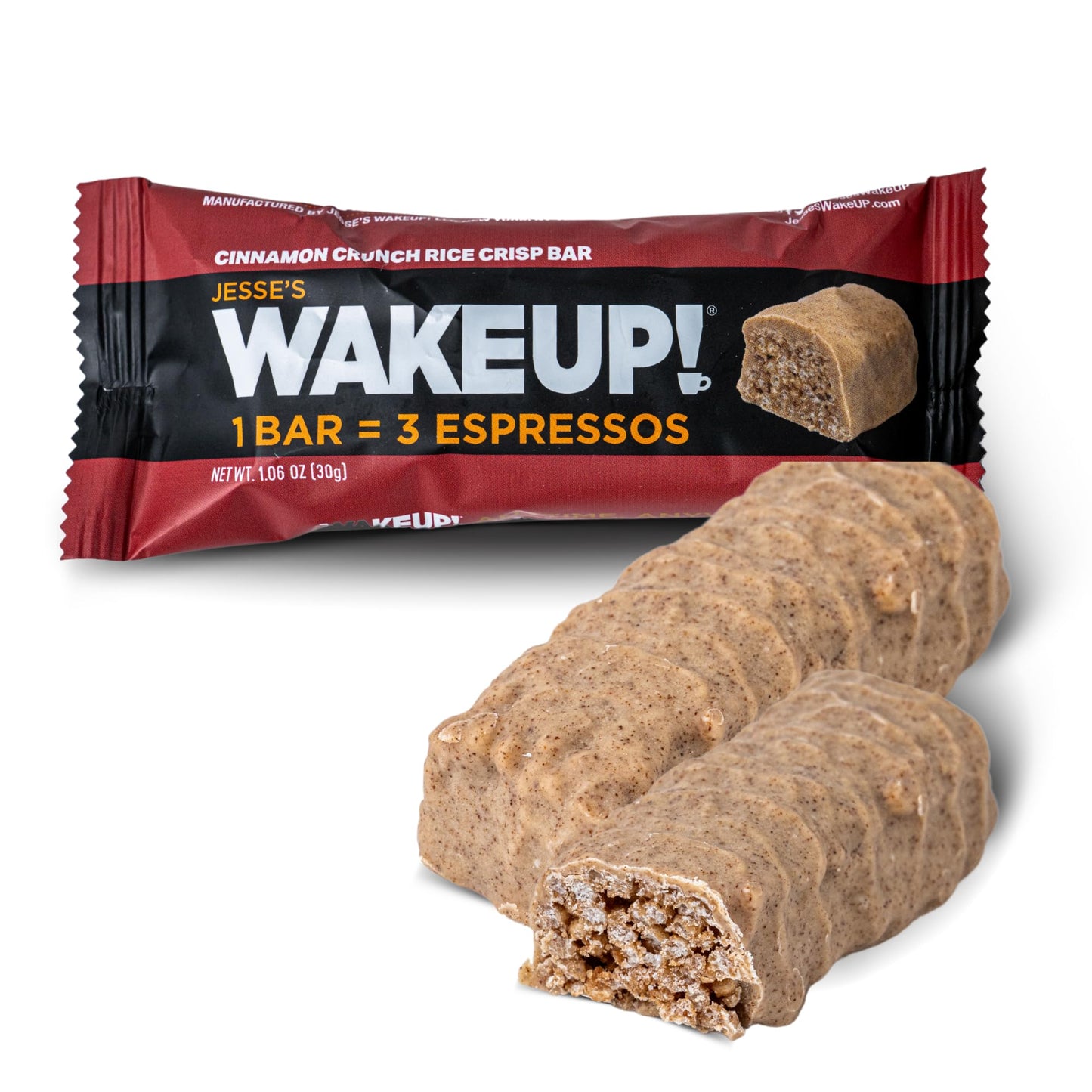 Jesses WakeUP! Cinnamon Crunch Protein Bars - 350mg Caffeine, Gluten-Free, Vegetarian, 6 Pack