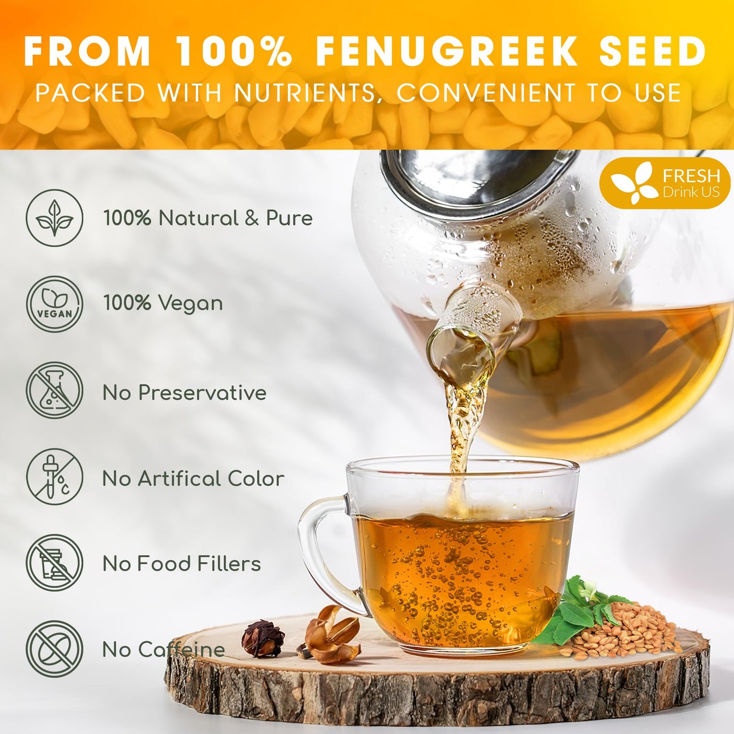 FRESHDRINKUS Fenugreek Herbal Tea - 100% Natural, Vegan, 15 Tea Bags