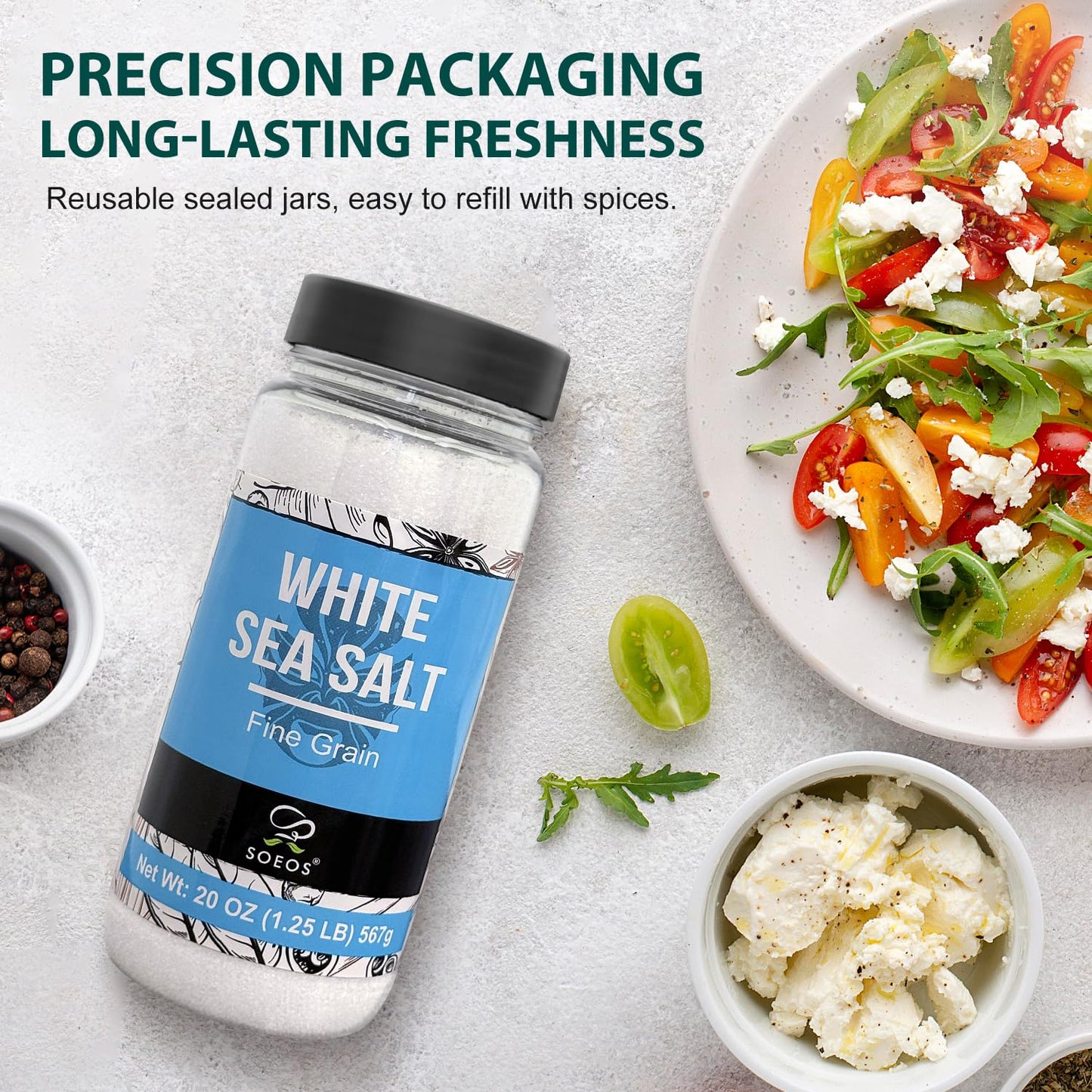 Soeos Sea Salt  Fine Grain  20 Oz (1.25 Pound)  Non-GMO  Nature Himalayan White Salt  Rock Salt for Grinder Refill (Pack of 1)