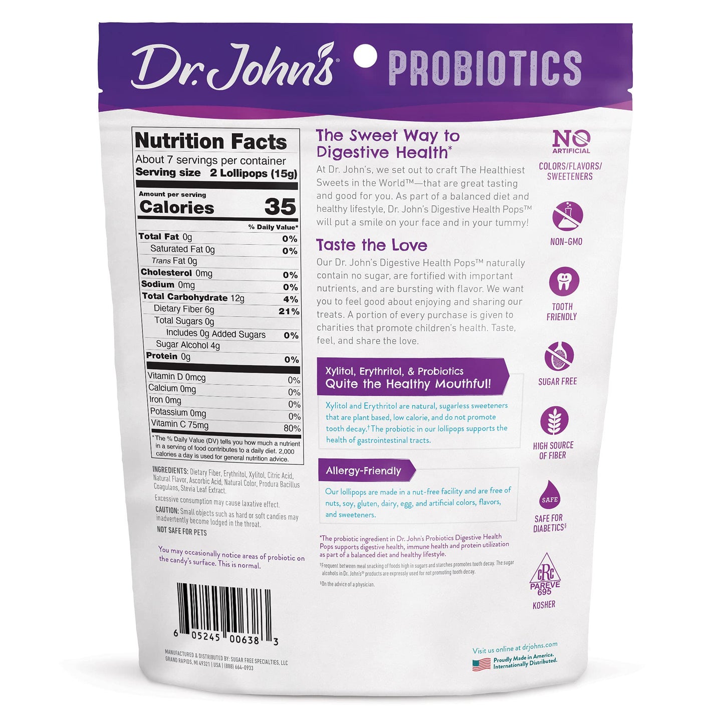 Dr. Johns Sugar Free Candy, Healthy Lollipops With Zero Sugar, Low Calorie Snacks, Keto Friendly Hard Candy Sweets, Probiotics F