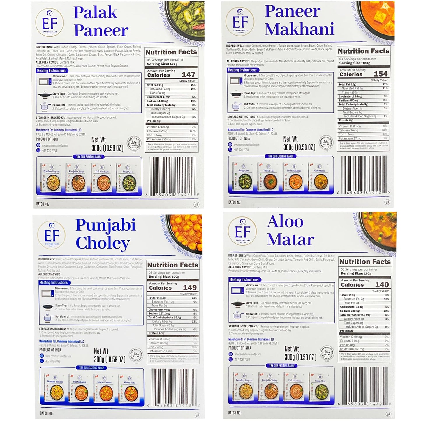 Eastern Feast - Rte Variety Mix #1, (Palak Paneer, Paneer Makhani, Punjabi Choley, Aloo Matar), Ready To Eat Vegetarian Meals, (