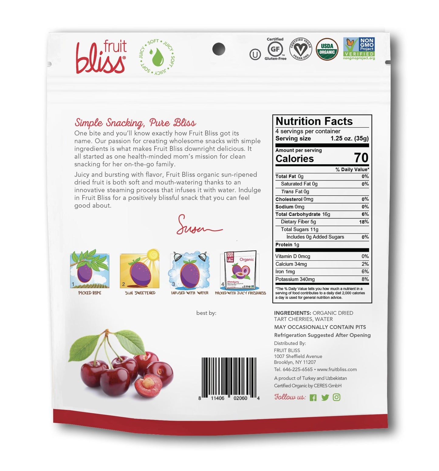 Fruit Bliss Organic Tart Cherries, 4 Ounce