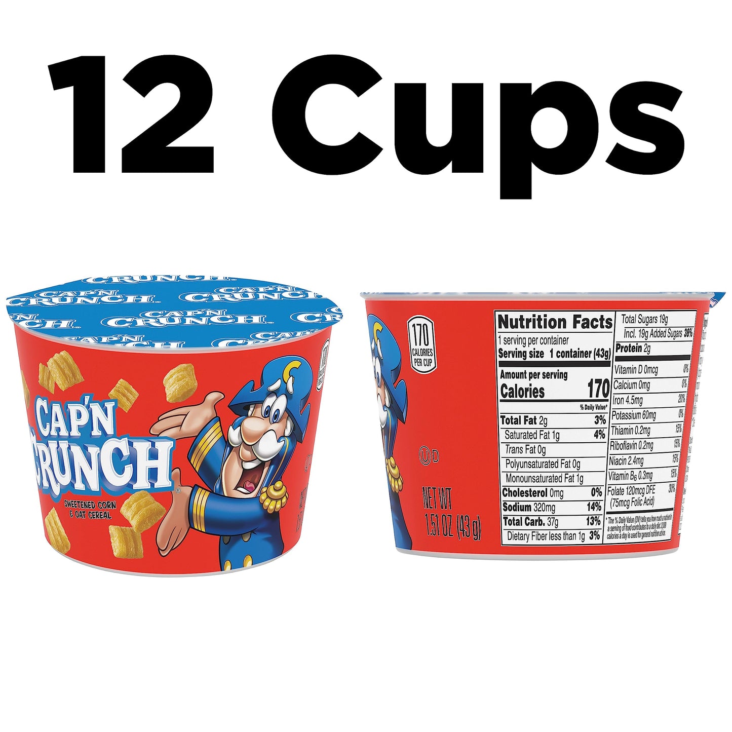 Cap N Crunch Breakfast Cereal, Original, 1.51oz Individual Cups (12 Pack)