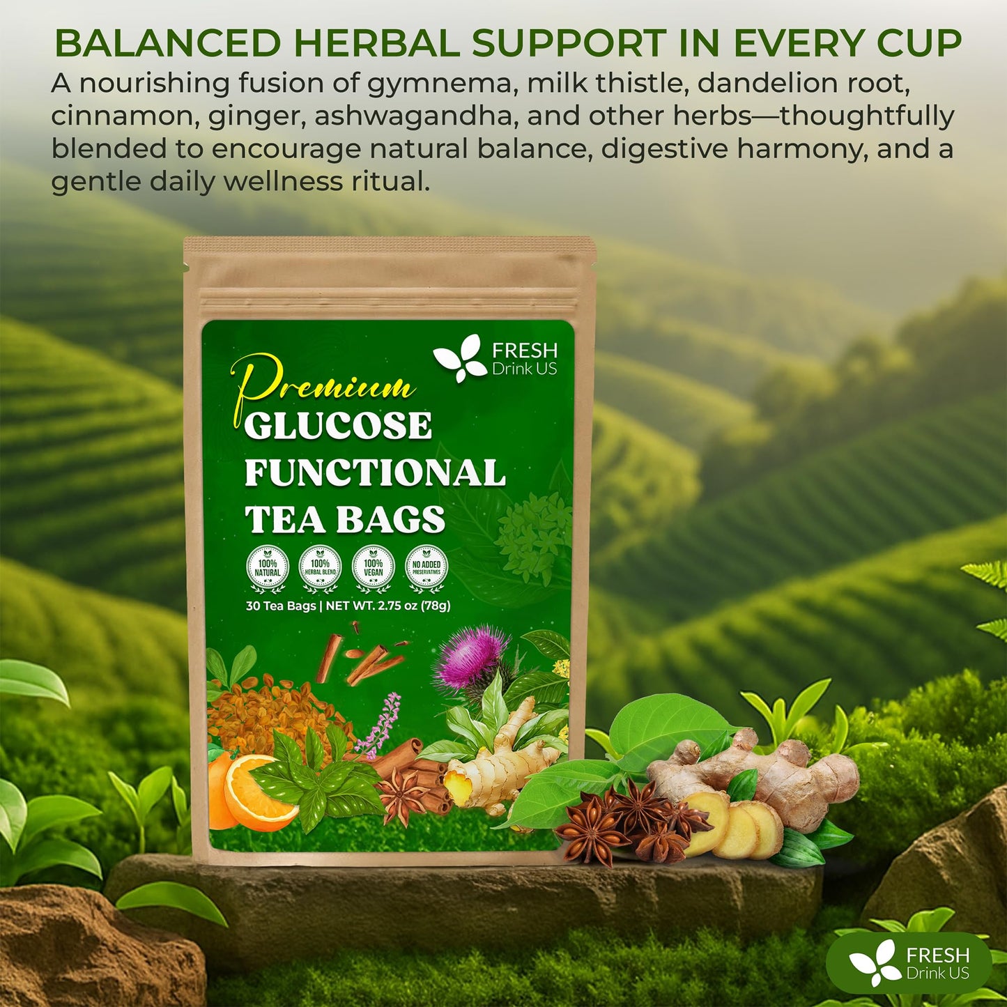 FreshDrinkUS  enhanced 30 Tea Bags Glucose Functional Tea - Herbal Blend with Gymnema  Cinnamon  Bitter Melon  Tulsi & More -- Caffeine-Free. Sugar-Free. Gluten-Free. Vegan