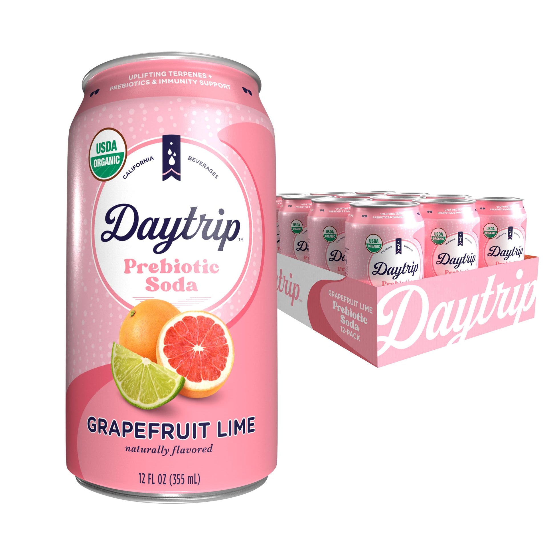 Daytrip Organic Sparkling Prebiotic Soda, Low Sugar, 12-Pack - Grapefruit