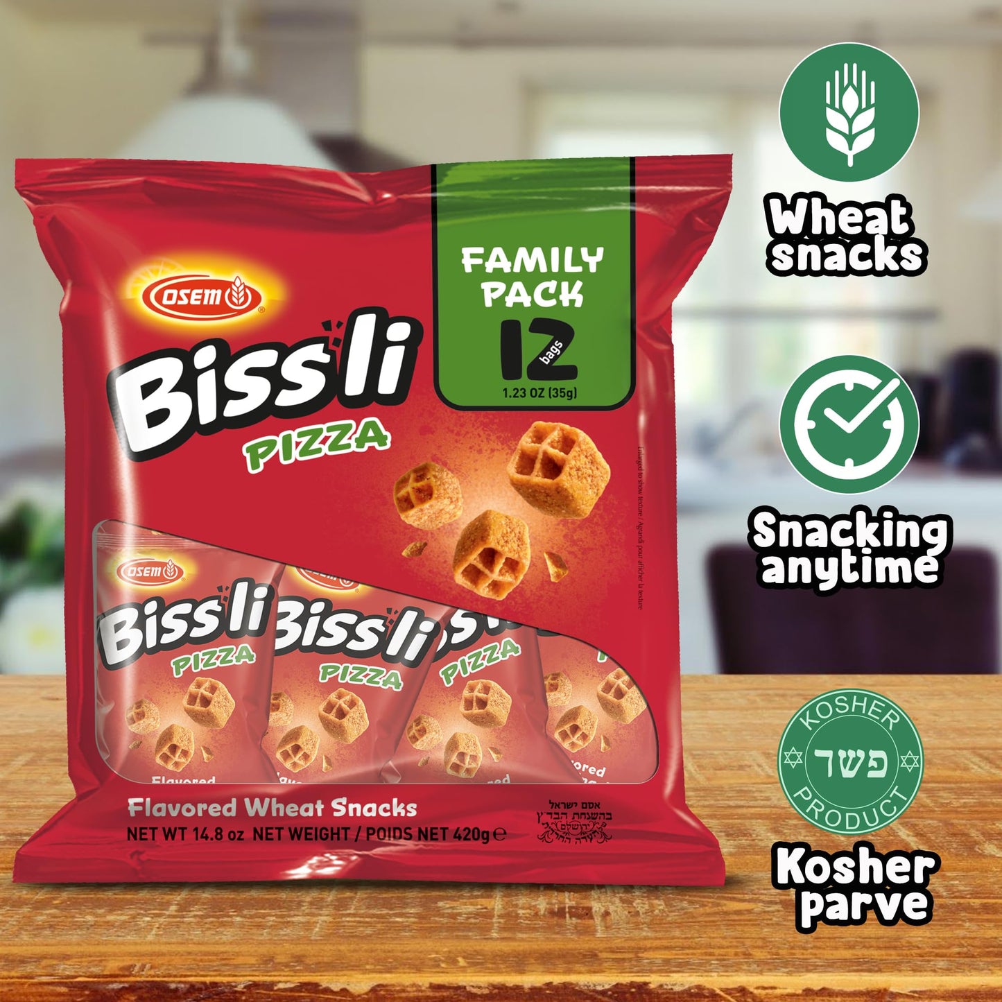 Osem Bissli Crunchy Pizza Wheat Snack, 1.23oz Bags (Pack of 12) - Kosher, No Artificial Colors or Preservatives, Conveniently Pa