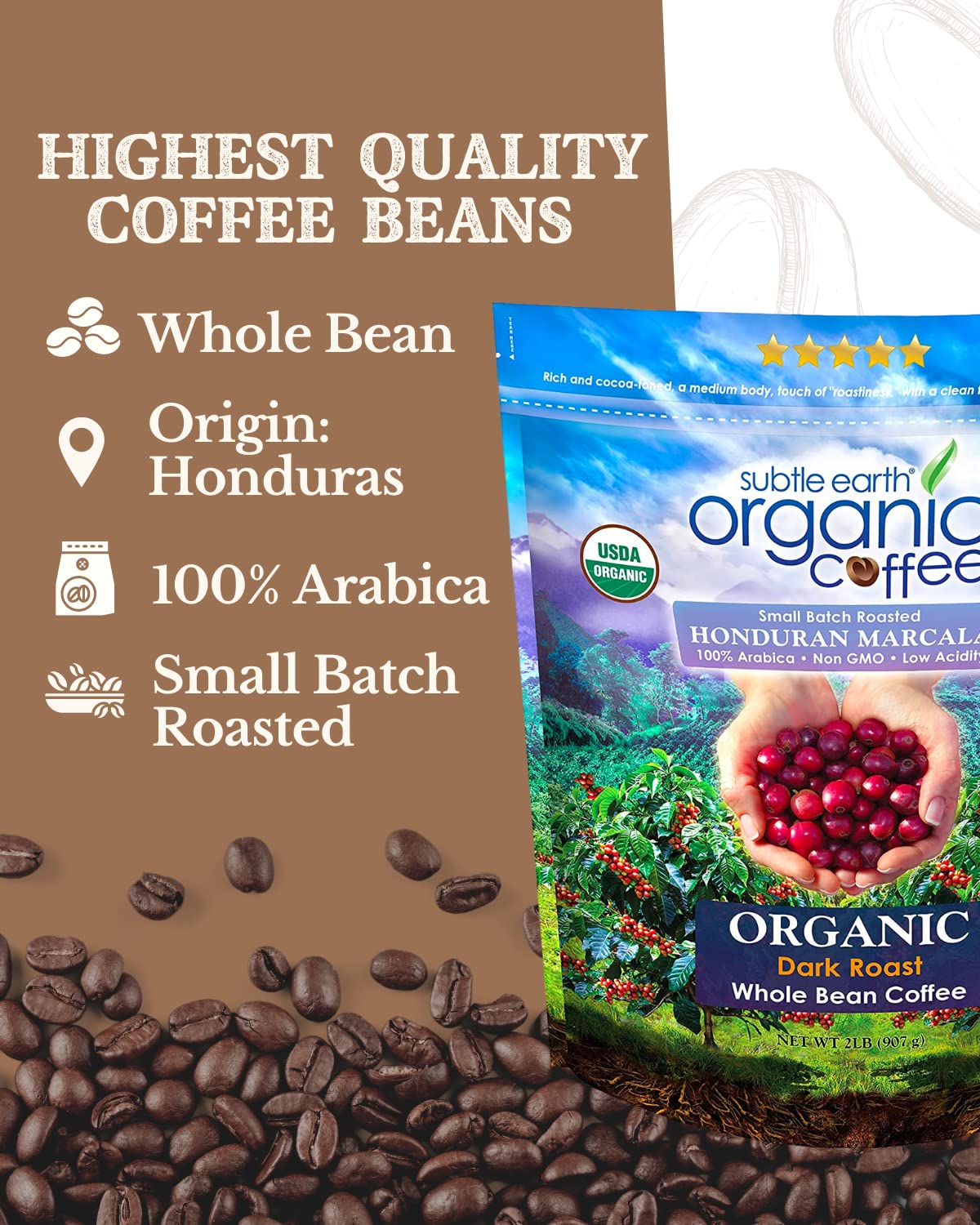 Subtle Earth Organic Coffee - Dark Roast - Whole Bean Coffee - 100% Arabica Beans - Low Acidity and Non-GMO - 2lb bag