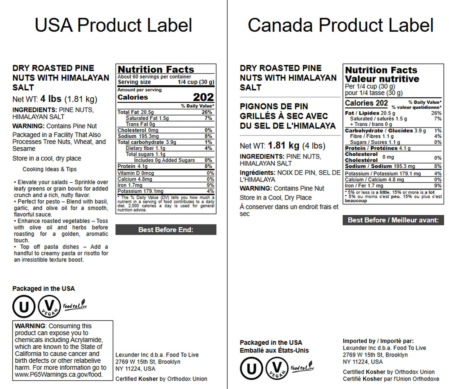 Food to Live Dry Roasted Pine Nuts, Lightly Salted, 4 Pounds, Vegan, Kosher, No Oil Added